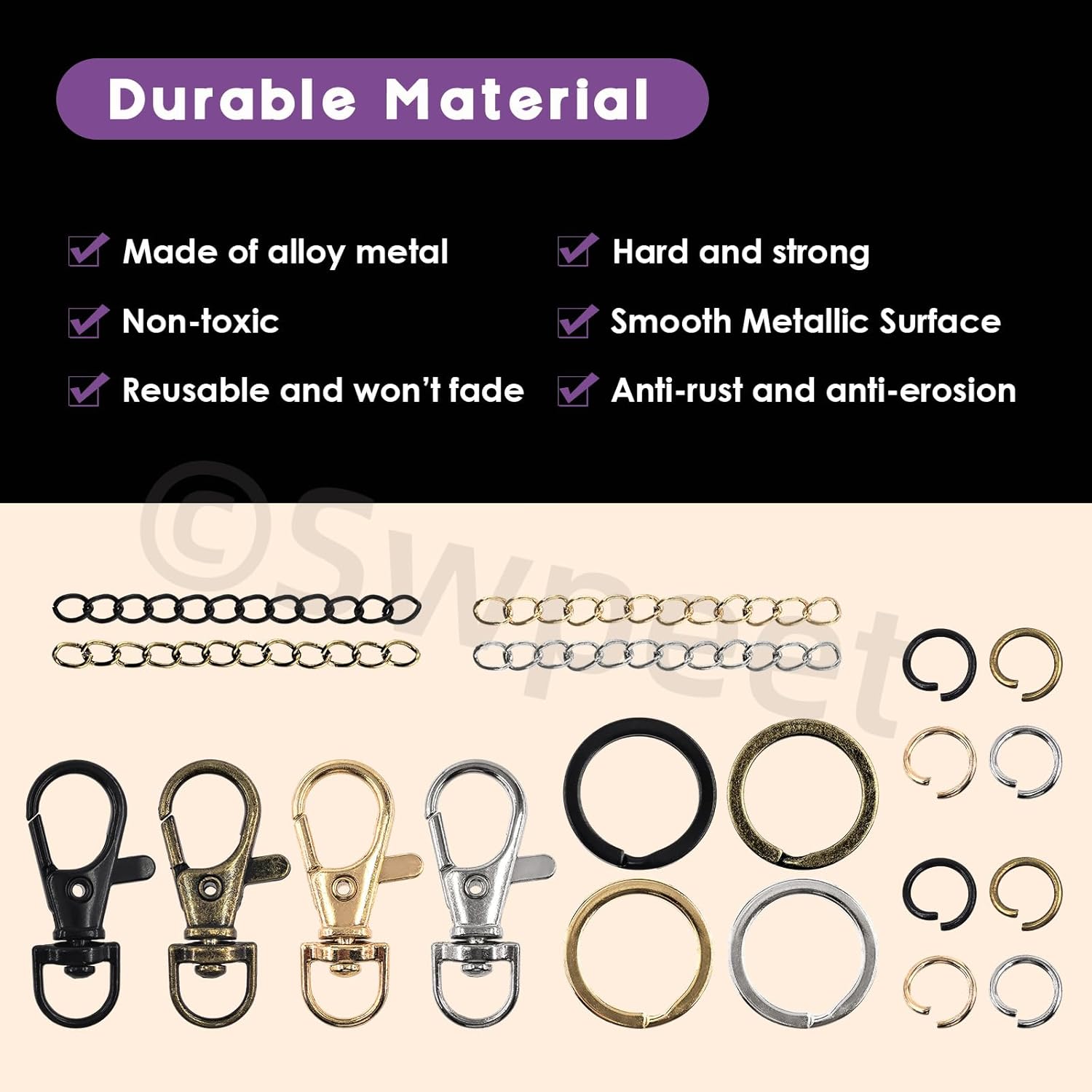 Swpeet 321Pcs Assorted Keychain Making Set with Pliers, 40Pcs Swivel Lanyard Snap Hook, 1Pc Split Ring Pliers, 40Pcs Keychain Ring, 40Pcs Extender Chains, 200Pcs Jump Rings, Bronze/Black/Gold/Silver - Image 3