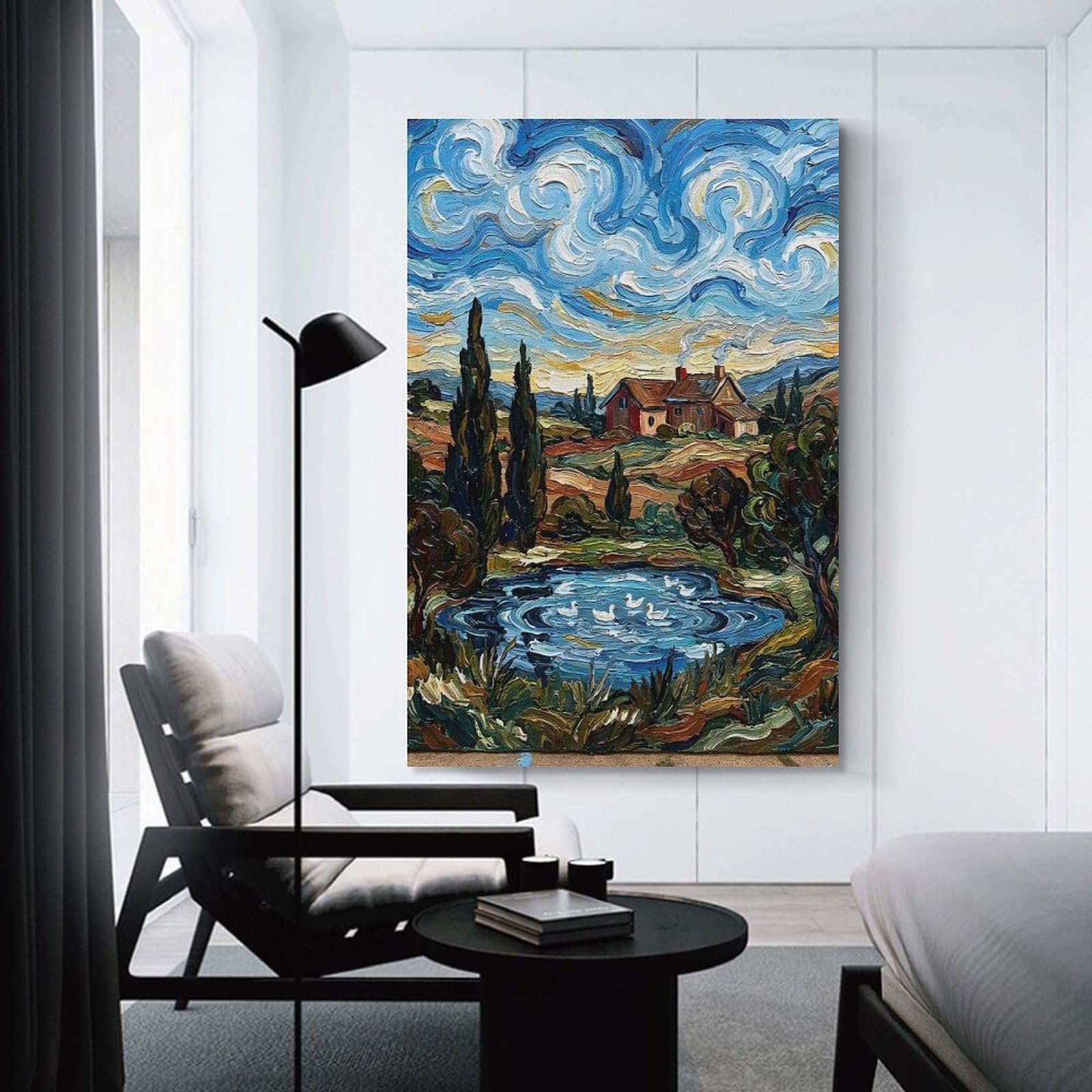 Junmoney Canvas Wall Picture Impressionistic Landscape with Ducks And House, 20x30inch(50x75cm), for Study, Office Or Focused Interiors, Wall Art That Adds Style to Work Areas