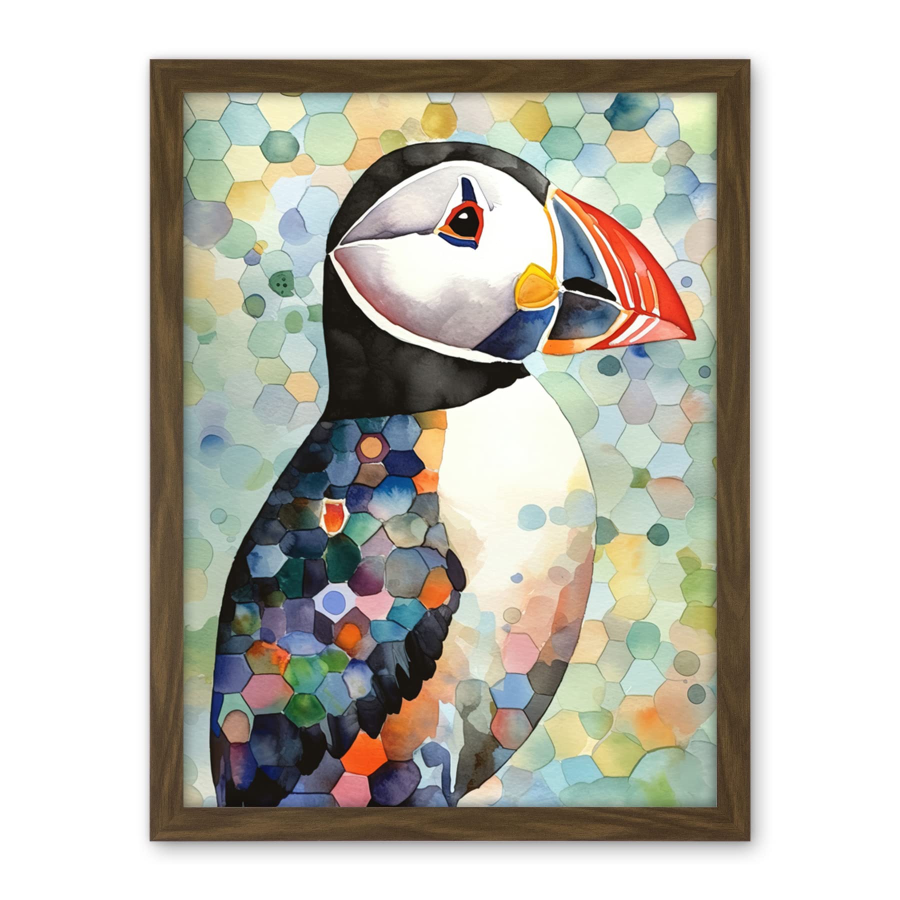 Artery8 Puffin Bird Portrait Pastel Colour Folk Art Artwork Framed Wall Art Print 18X24 Inch