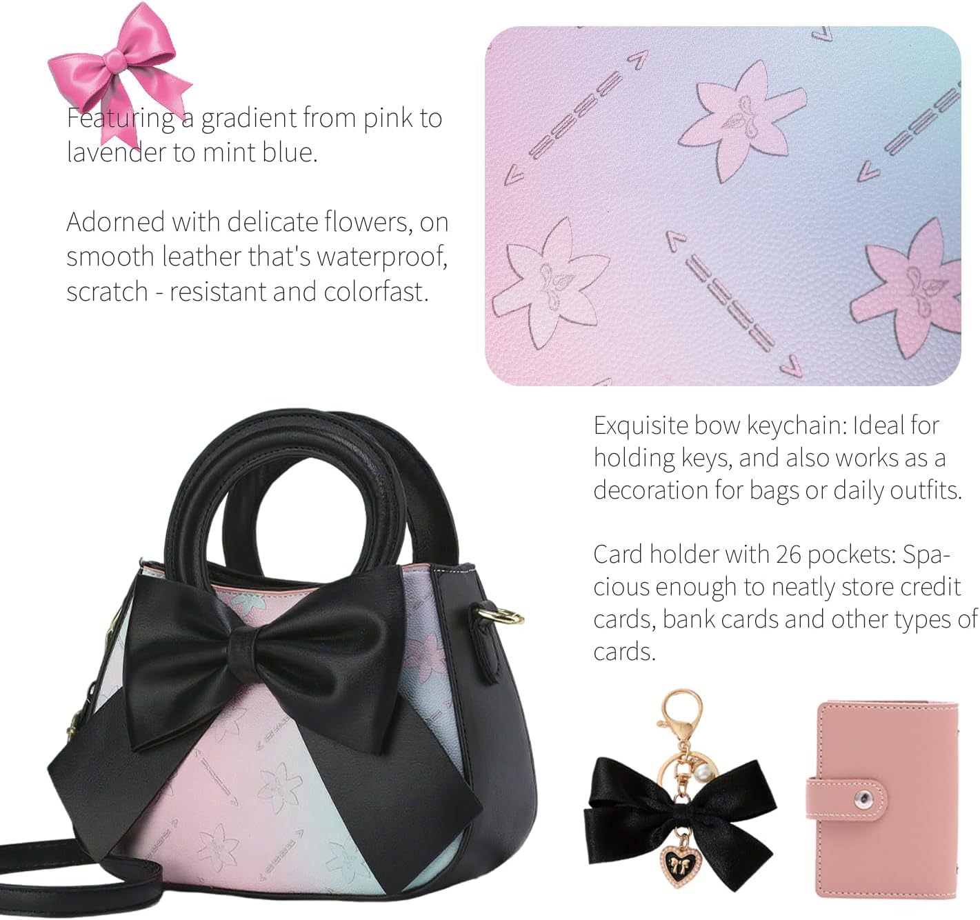 Cute Bow Knot crossbody bags for womens Vegan Leather Stylish Color-Blocked Small Purses