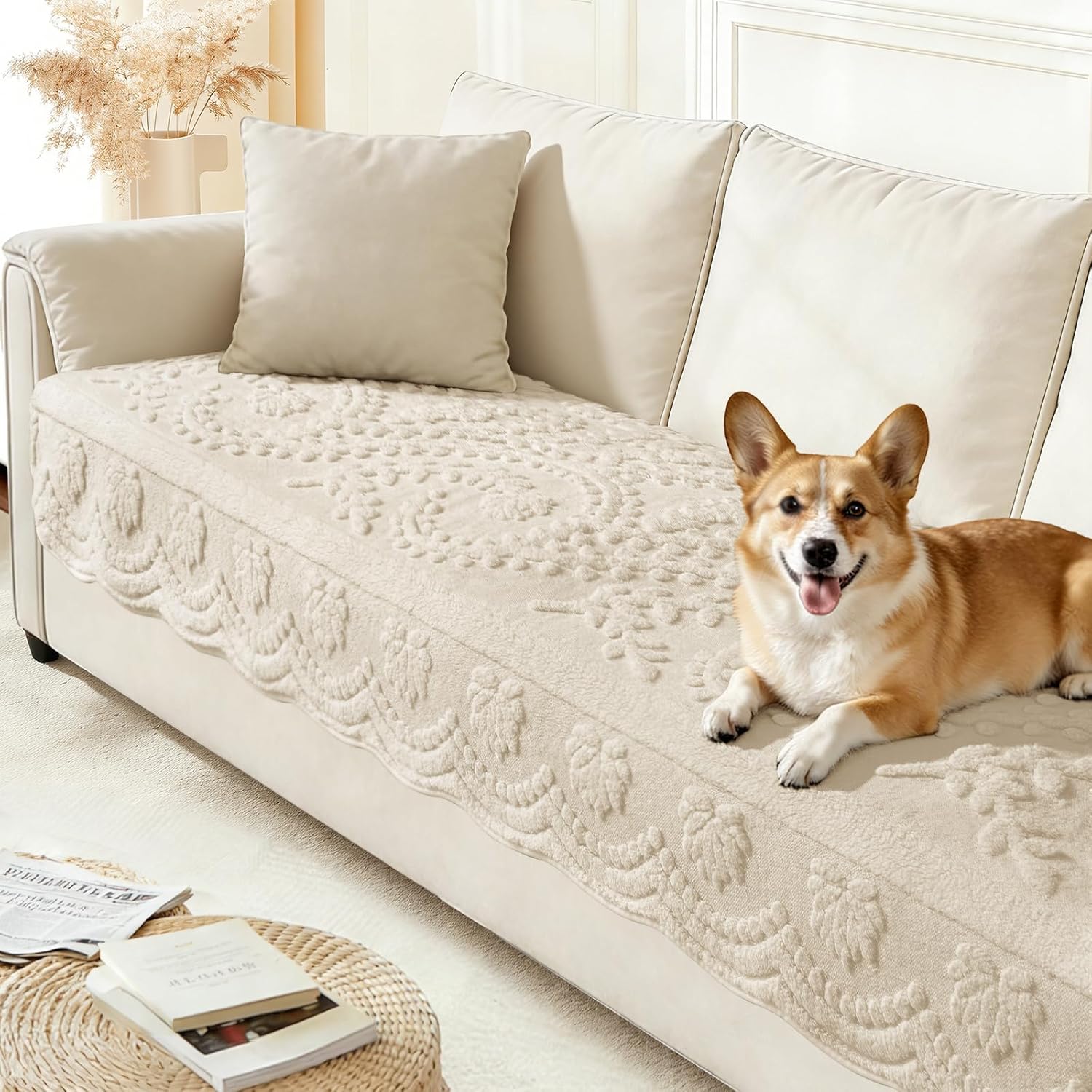 Arfntevss Couch Cover for Dogs Boho Plush Washable Sofa Covers for 3 Cushion Couch Pet Friendly Fuzzy Slipcovers 3 Seat Anti-Slip Sectional Furniture Protector (Plush Vines Cream White, 35.5" x 83")