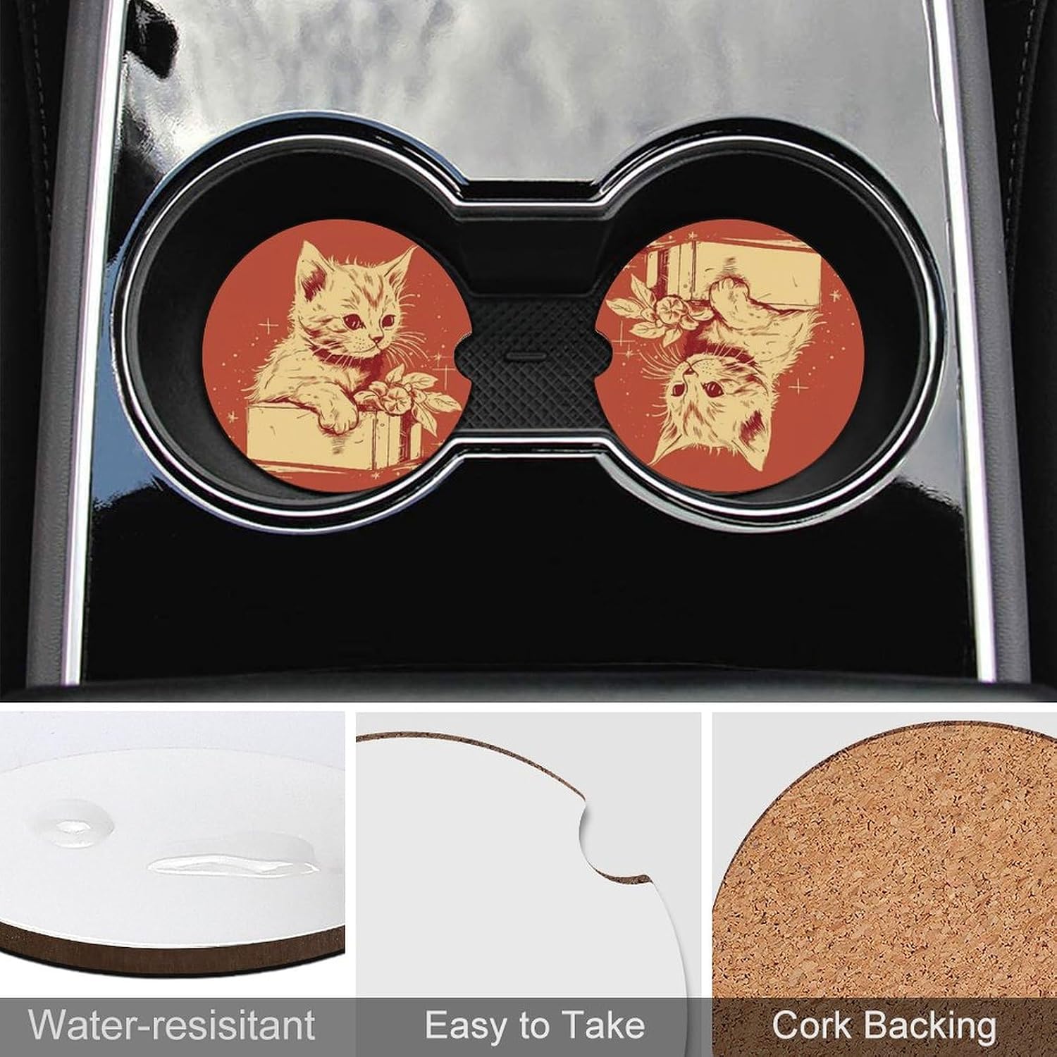 Car Coasters Wooden Car Cup Coasters Non-Slip Heat Water Resistant Cat Lying on The Box Coasters for Women/Men Drink Cup Holder Coasters (Personalized Design) 2 Pack image 5