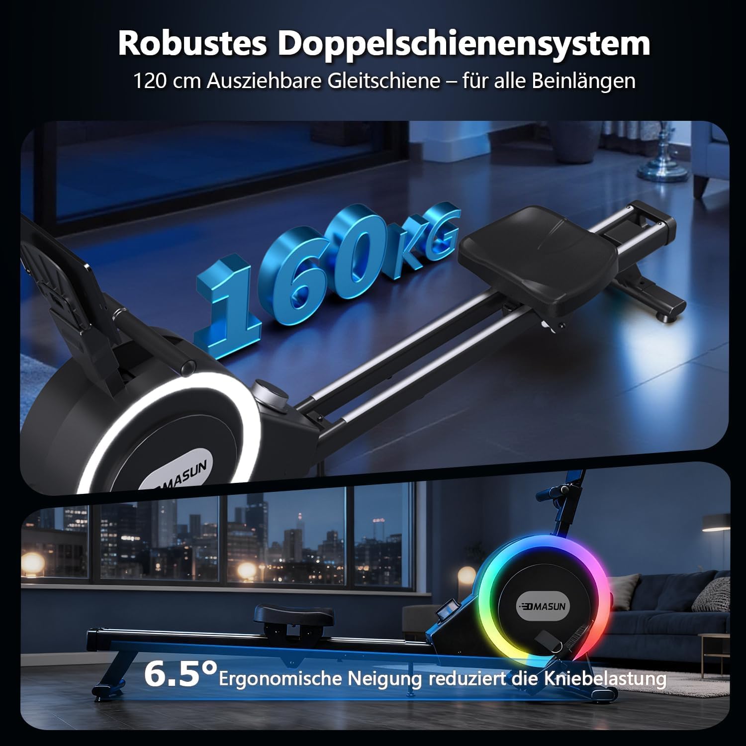 Rudergerät für Zuhause, DMASUN Magnetisches Rudergerät mit 32 Widerstandsstufen, HD-LCD-Bedienpanel, Upgrade Doppel-Slide-Rails, APP-Verbindung, ideal für Cardio-Training, Belastbar bis 160kg