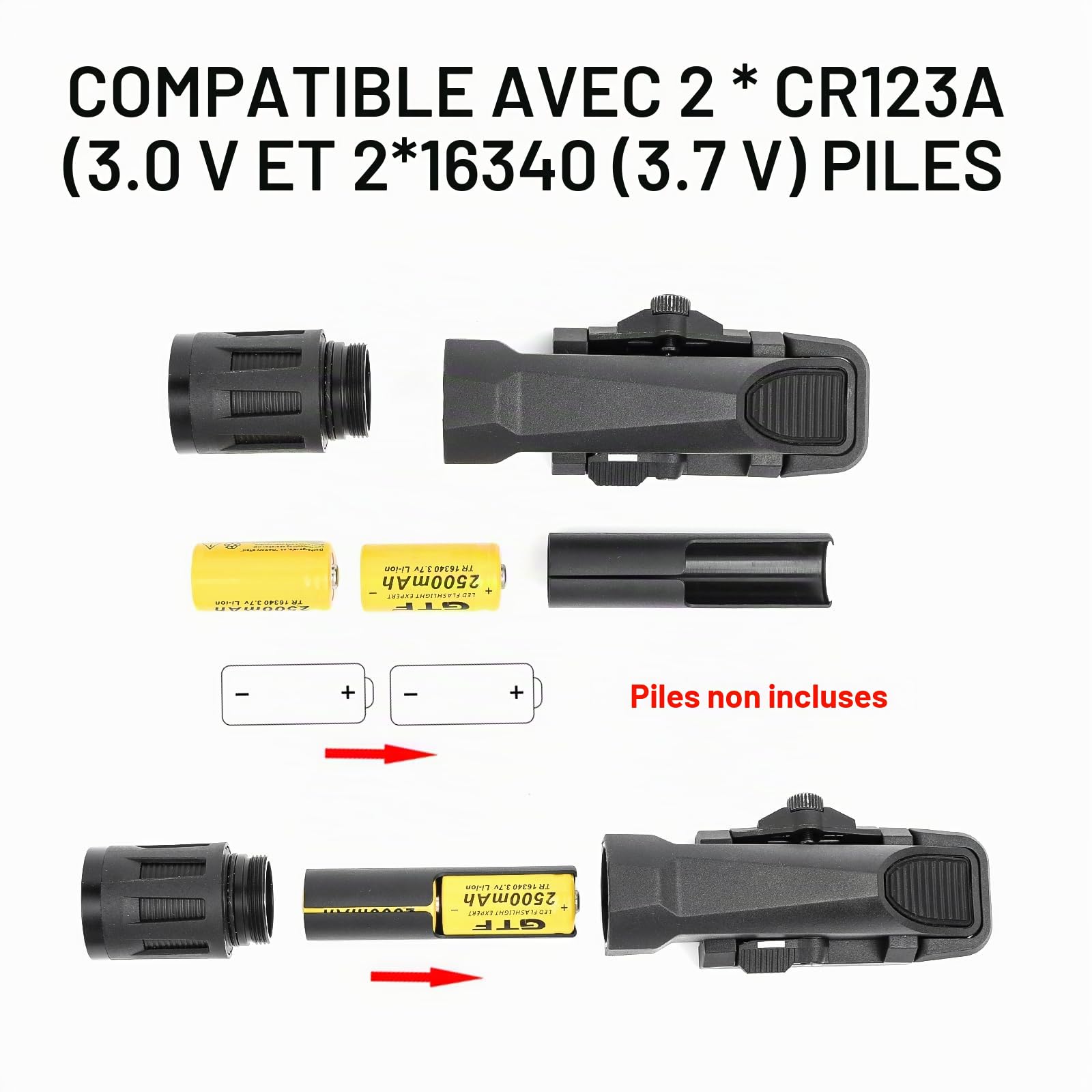 WML Lampe de Poche, 400 Lumens Lampe Torche Tactique,Noir | Avec 3 Modes Constant/Emergence/Stroboscope Défensif, pour 20MM Picatinny Rail