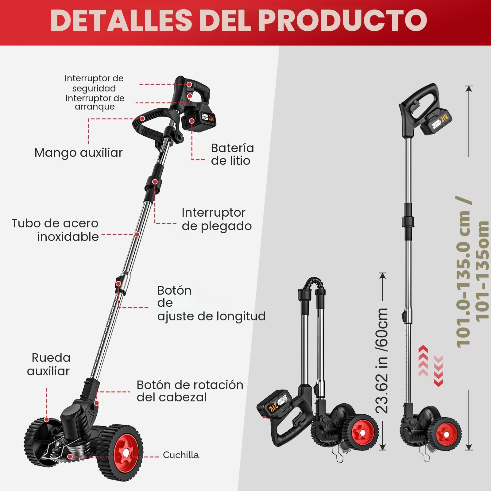 Desbrozadora Bateria 21V, Desbrozadora Electrica con 2 x 3.0Ah Baterías y 3 Cuchillas, Ruedas Desmontables, Varilla Telescópica, Cortacésped de Batería Plegable para Recortar Césped y Arbustos