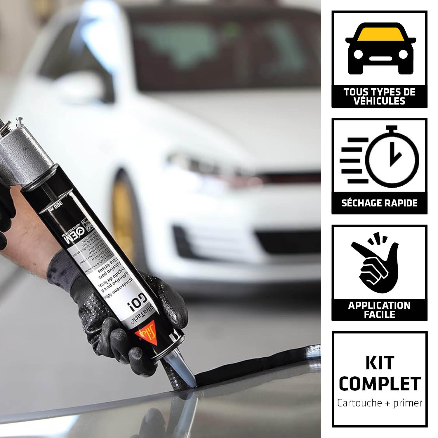 SIKA - Kit de remplacement de pare brise - SikaTack Go - Tout en un - Séchage rapide en 2 heures - Tous types de véhicules - Cartouche + Primer