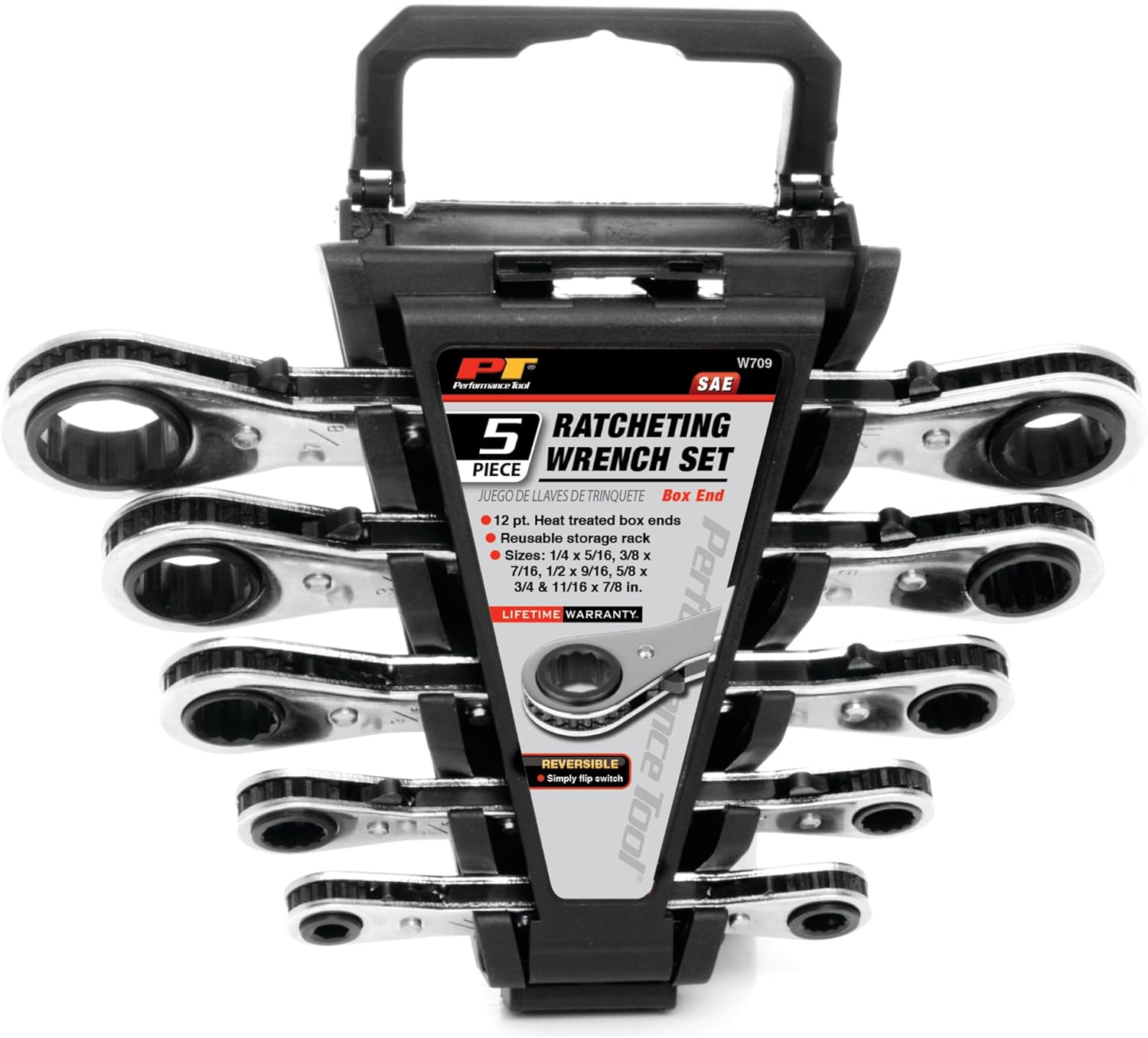 Performance Tool W709 SAE Reversible Ratcheting Wrench Set with 12 Point Box Ends, 5 Piece, 1/4-Inch to 11/16-Inch Sizes and Reusable Storage Rack