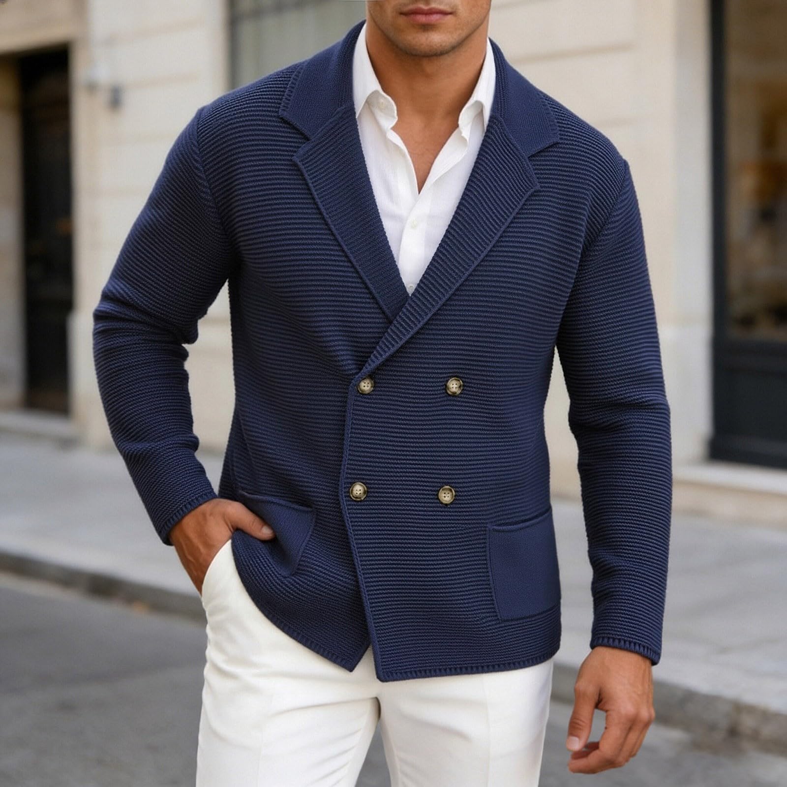 Cardigans Hombre Invierno, Chaqueta De Invierno Hombre con Cuello Chal Suéter Cuello V Punto Manga Larga Solapa Cuello Abrigo De Punto con Bolsillos para Otoño E Invierno