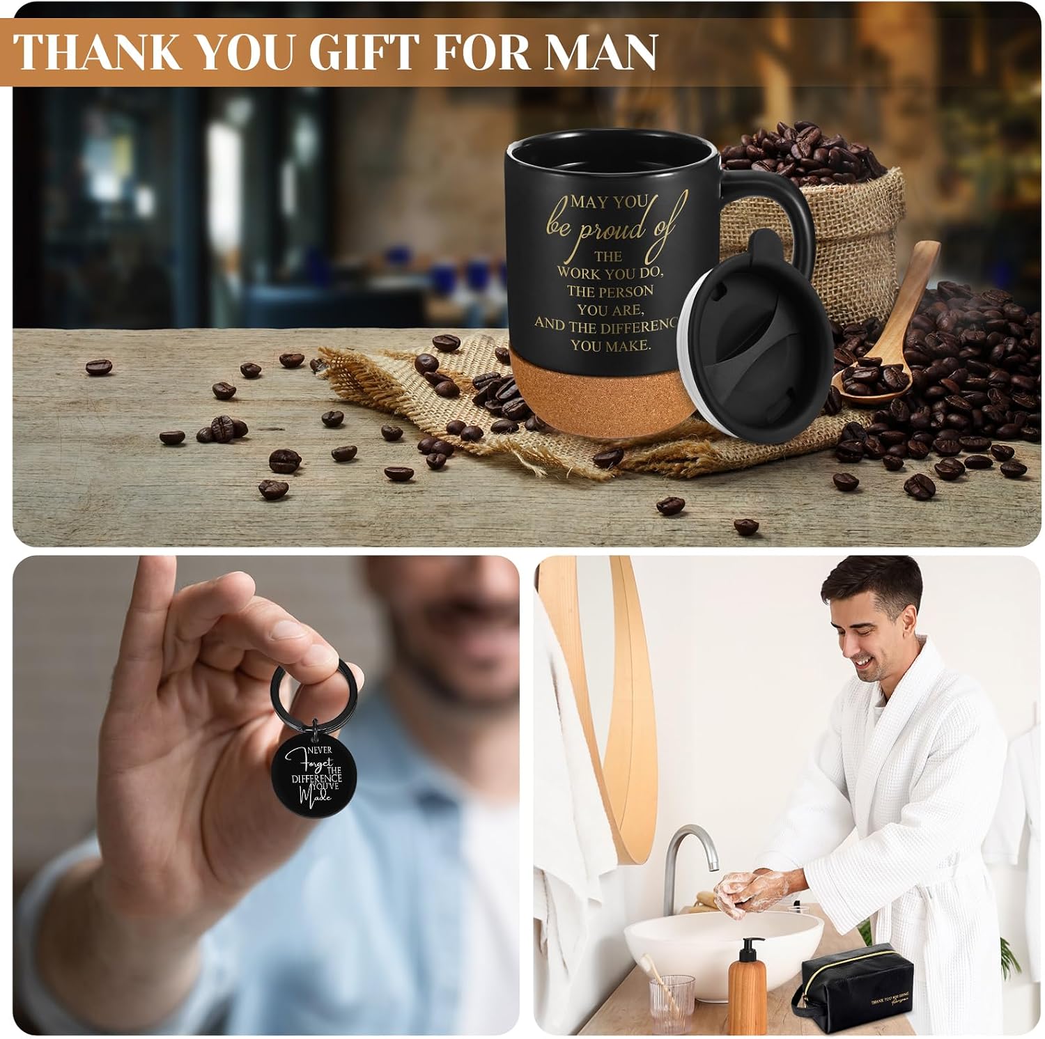 Dandat 3 Pcs Thank You Gift for Men Father's Day Appreciation Gift Leather Toiletry Bag May You Be Proud of the Work 15Oz Coffee Cup with Keychain for Male Teacher CNA Week Nurse Coworker(Black)