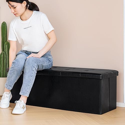 Miniatura 4 de PINPLUS Banco Otomán de Almacenamiento Plegable, Baúl Largo de Cuero Sintético Negro con Bandeja, Asiento Reposapiés, Almacenamiento de Mantas para