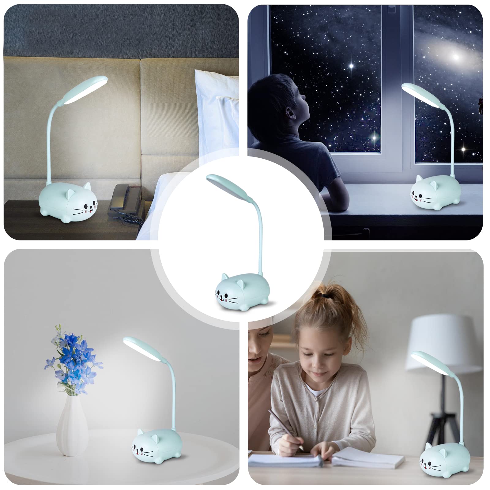 Molbory Lámpara de Escritorio para Niños, Lámpara de Lectura con Protección para los Ojos Recargable por USB, Lámpara de Mesa LED para Gatos con Soporte para Teléfono Móvil, Regalo para Niños