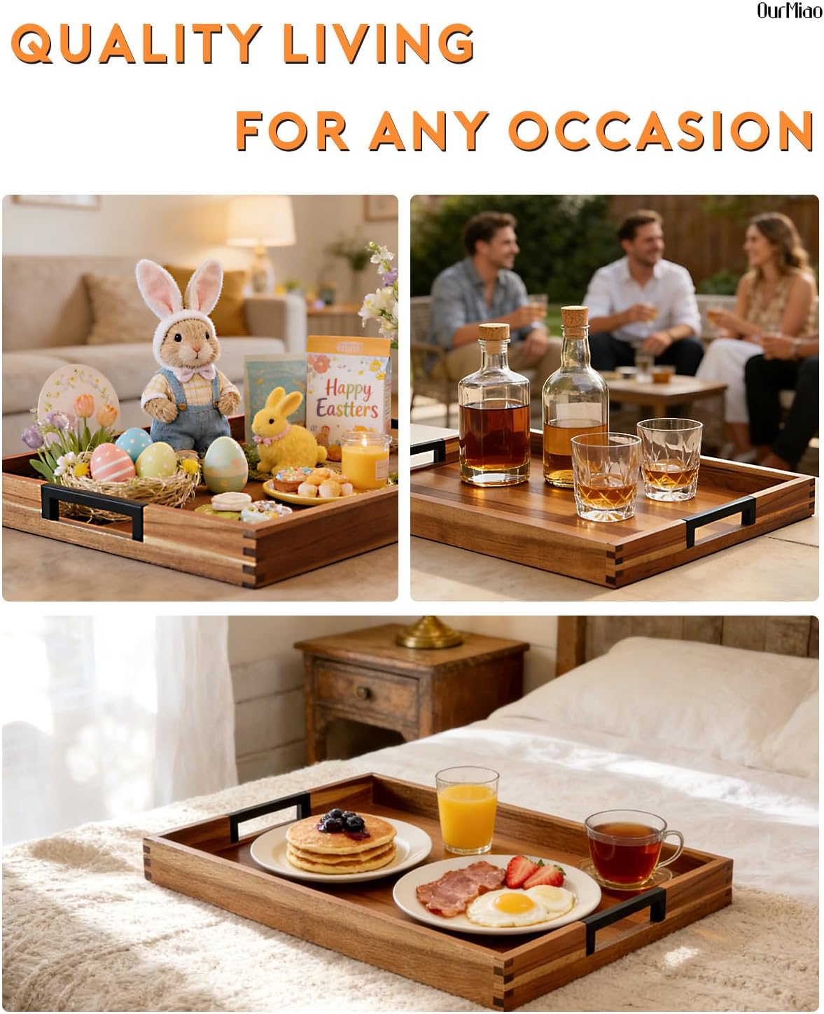 22 Inches Acacia Wood Serving Tray with Metal Handles, Extra Large Rectangular Wooden Ottoman Tray for Living Room, Coffee Table, Coffee Station, Kitchen & Hosting - Image 6