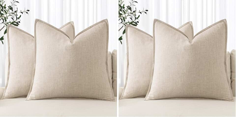 MIULEE Decorative Linen Pillow Covers 18x18 Inch Natural Beige Boho Farmhouse Neutral Christmas Couch Throw Pillows for Bed Pack o