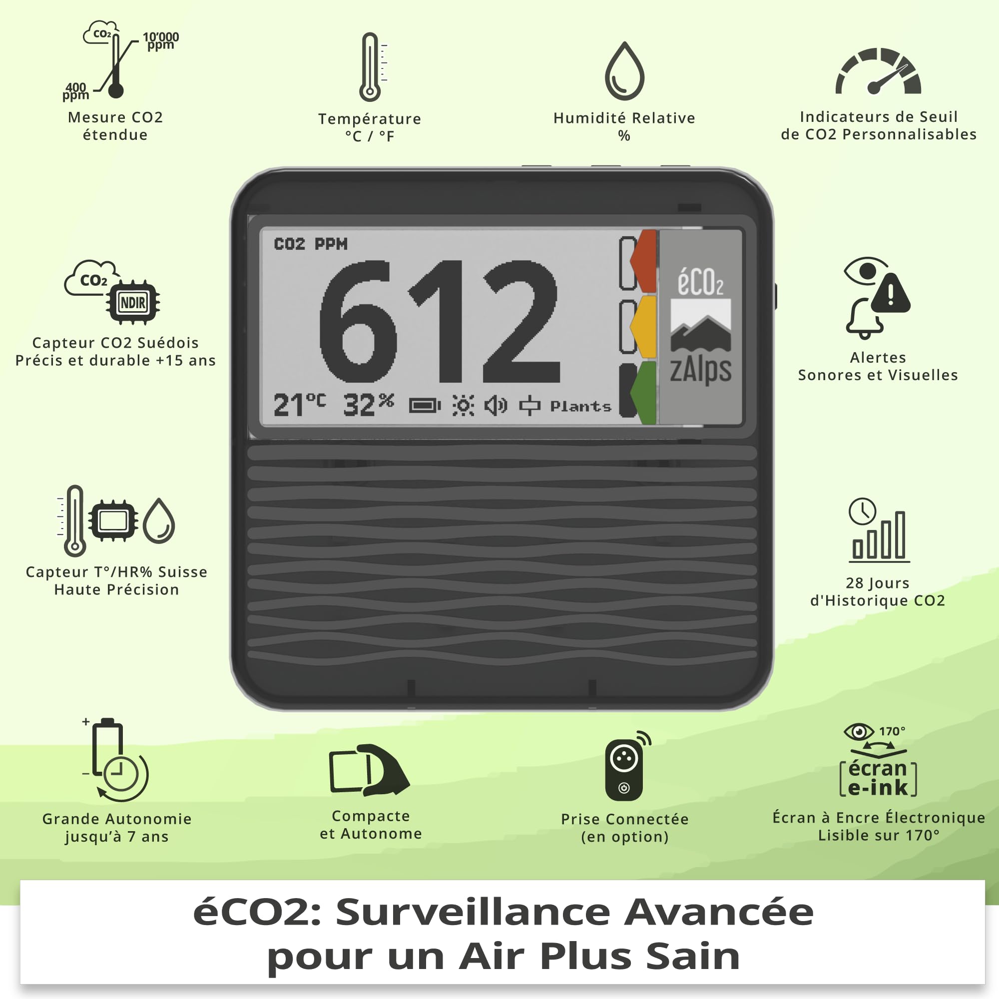 éCO2 - Moniteur de Qualité de l'Air Intérieur - Détecteur CO2 Précis et Durable - Capteur CO2, Température et Humidité - Autonome et Portable - Parfait pour Maison/Bureau/École