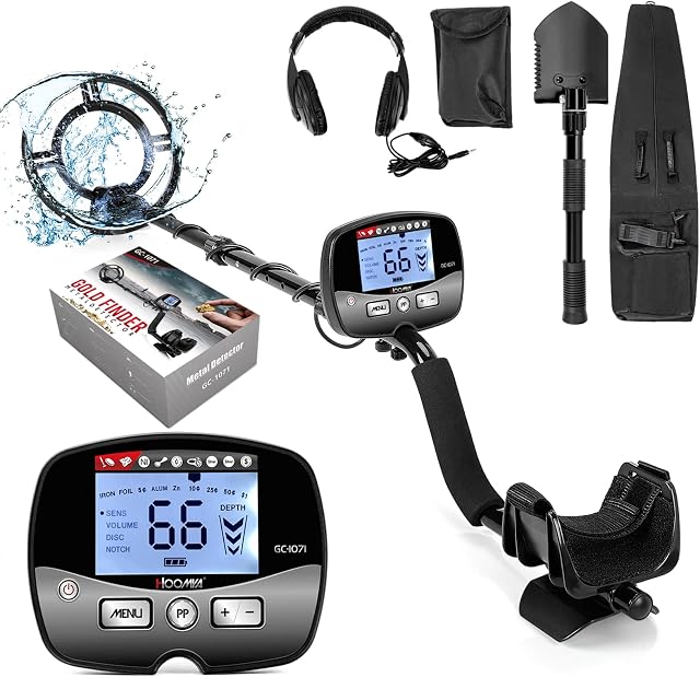 HOOMYA Metal Detector for Beginners/Adults/Enthusiasts, PP Function with Depth Display, 10'' Waterproof Coil, 20'' Deep Underwater Detection, All Metal/DISC/NOTCH Mode with 3 Tones Recognition