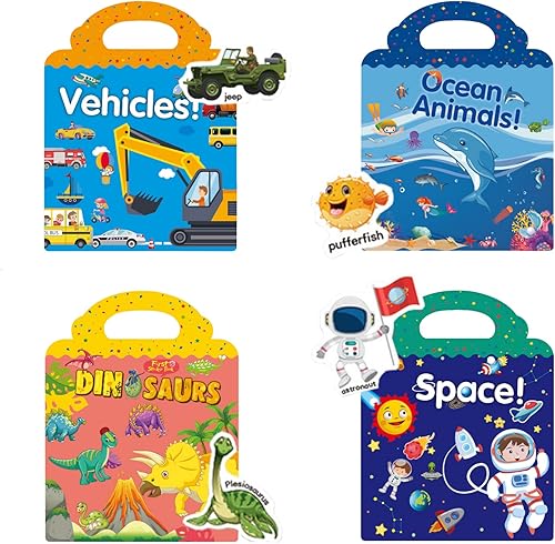 Juego de 4 calcomanías reutilizables para niños libros de actividades adhesivas dinosaurios animales del océano calcomanías espaciales para niños de