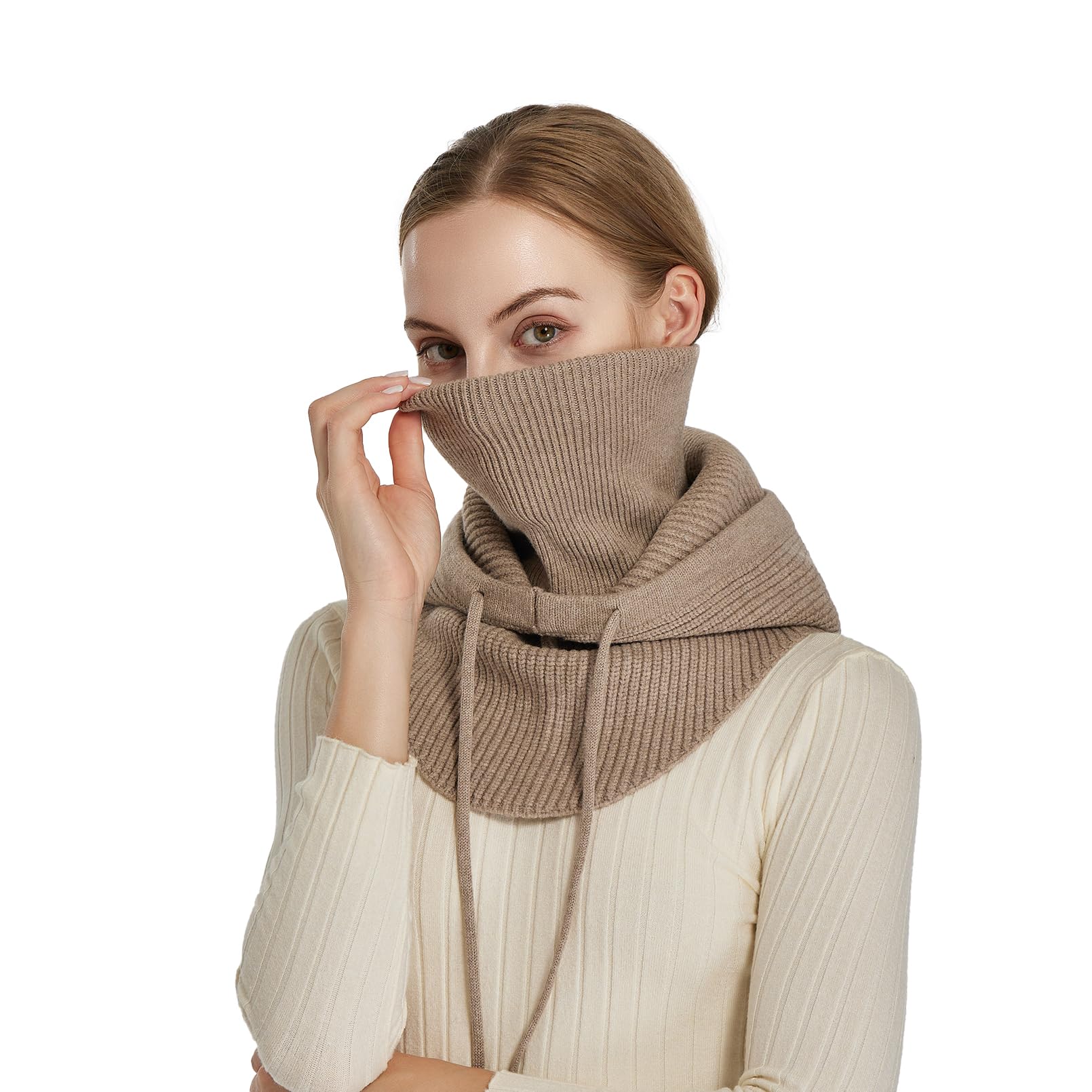 Facecozy Sturmhaube aus Strick für Damen Herren Wintermütze mit Gesichtsmaske Atmungsabweisende Ski-Maske Halstuch Mütze Damen Winter (Camel)