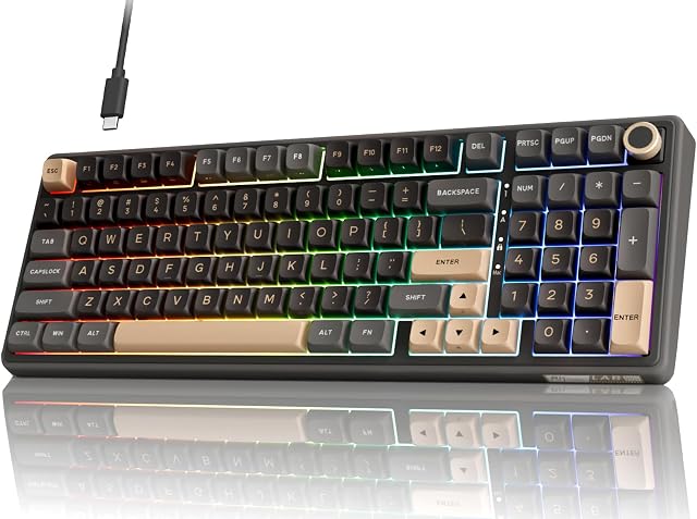 RK ROYAL KLUDGE R98 Pro Clavier Mécanique Filaire, Clavier de Jeu 96% Crème Rétroéclairé RGB avec Pavé Numérique et Bouton de Volume, Montage Gasket, Keycaps PBT Profil MDA, Interrupteur Linéaire Pré-lubrifié Hot Swappable