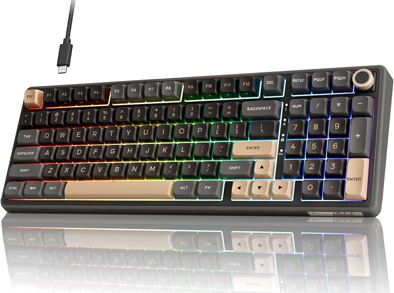 Teclado mecánico con cable RK ROYAL KLUDGE R98 Pro, teclado para juegos 96% cremoso con retroiluminación RGB con teclado numérico y perilla de volumen, soporte de junta, teclas PBT de perfil MDA, interruptor lineal prelubricado intercambiable en caliente