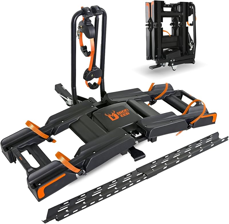 Eco Pro Upgraded 200lbs EBike Rack with Ramp for 2 E-Bikes Fits 5" Fat Tire, Hitch EBike Rack for Cars SUVs Trucks with 2" Receiver, Foldable Tilting Locking No Assembly Needed E-Bike Platform Carrier