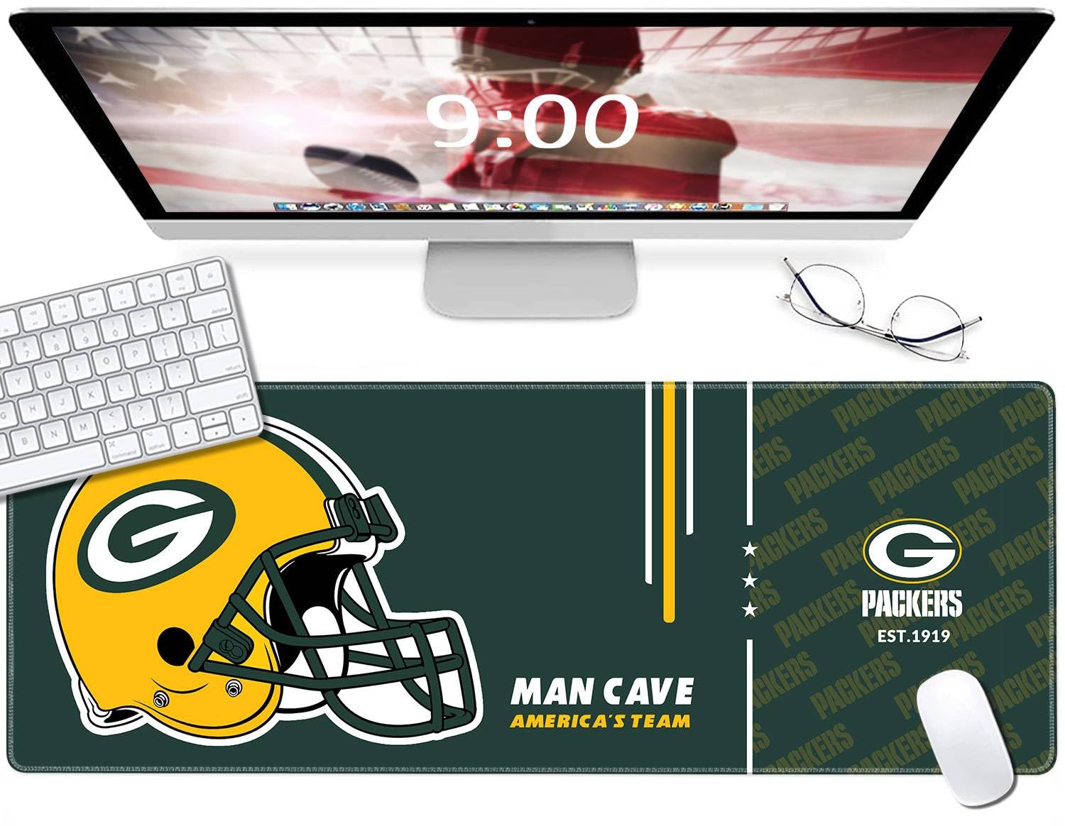 Large Gaming Mouse Pad, Extended Desk Mousepad with Stitched Edges, Football Computer Keyboard Pad,Green Design for Sport Fans, 31.5 x 11.8 in