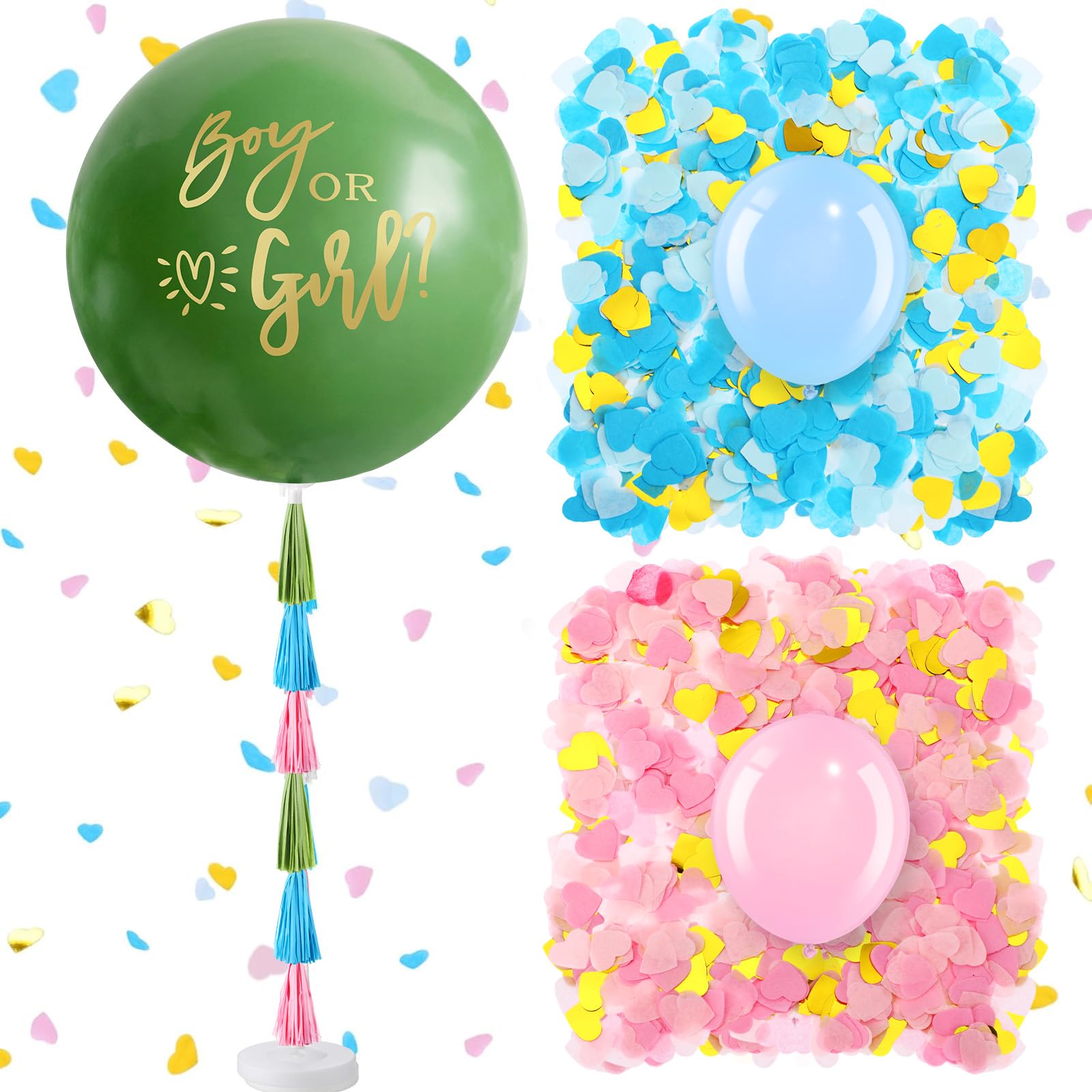 Syhood Kit jumbo per svelare il genere con palloncini da 91,4 cm per bambino o bambina e palloncini blu rosa a forma di cuore con nappe per coriandoli e nappe per baby shower, forniture per feste e