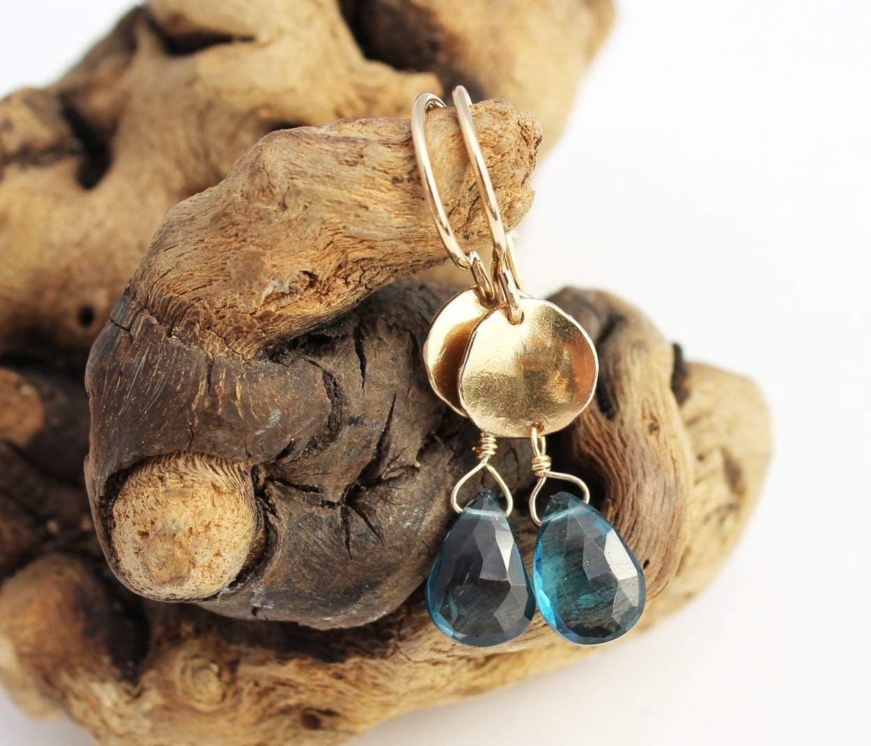 14k Solid Gold London Blue Topaz Earrings.