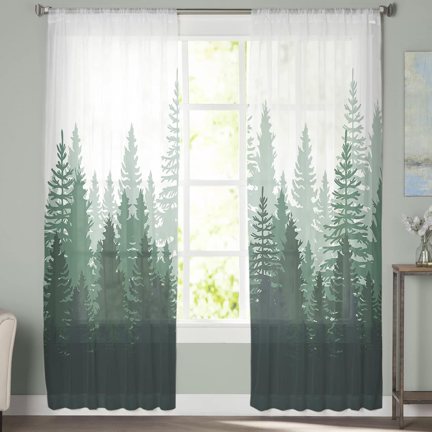 Green Forest Semi Sheer Curtains 84 inches Long, Nature Tree Misty Forest Silhouette Landscape Window Treatments Curtains,Light Filter Curtains Rod Pocket Drapes for Living Room Bedroom,2 Panels