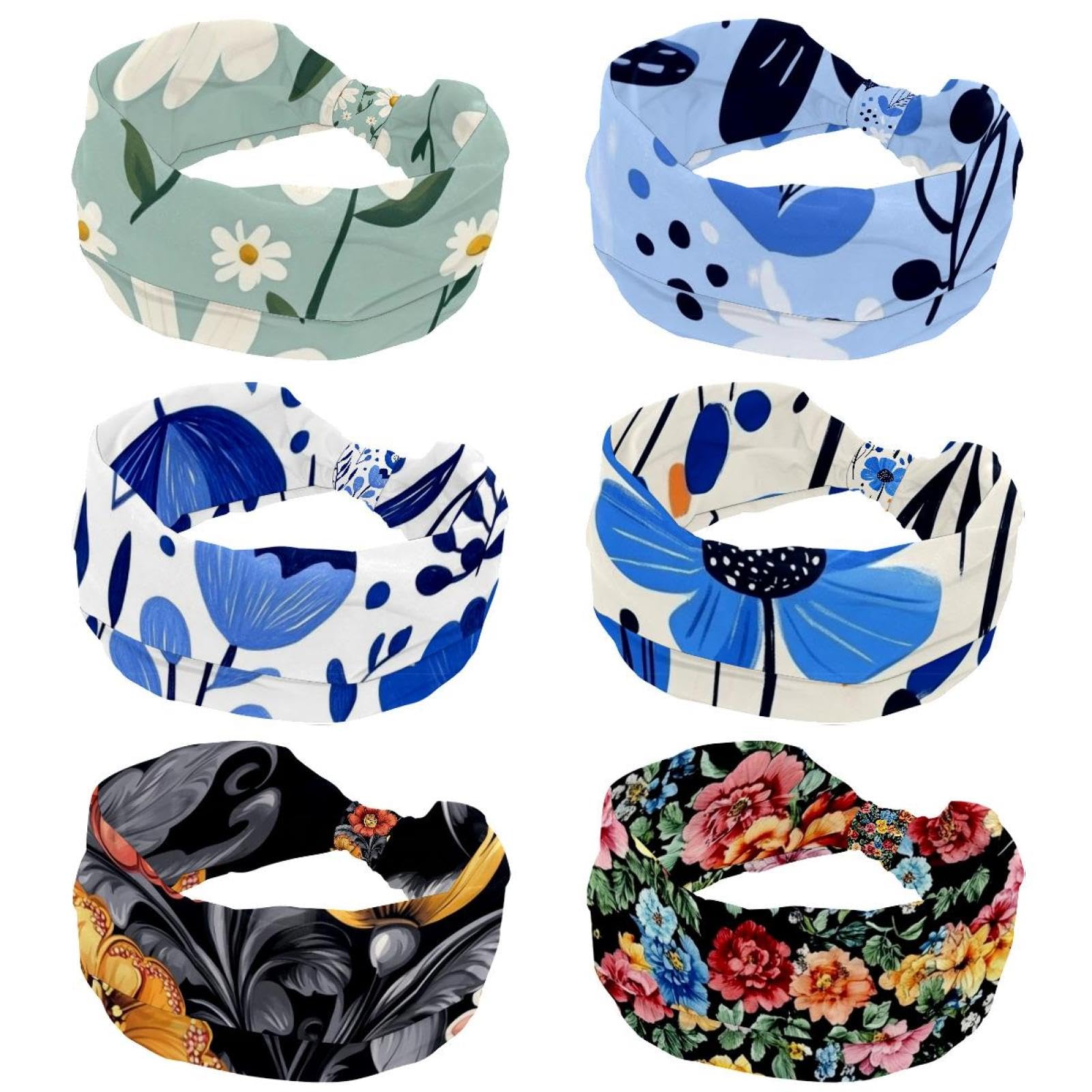 Lot de 6 bandeaux larges extensibles pour femme - Bleu vif - Motif floral abstrait simple - Pour l'entraînement, le sport et un usage quotidien
