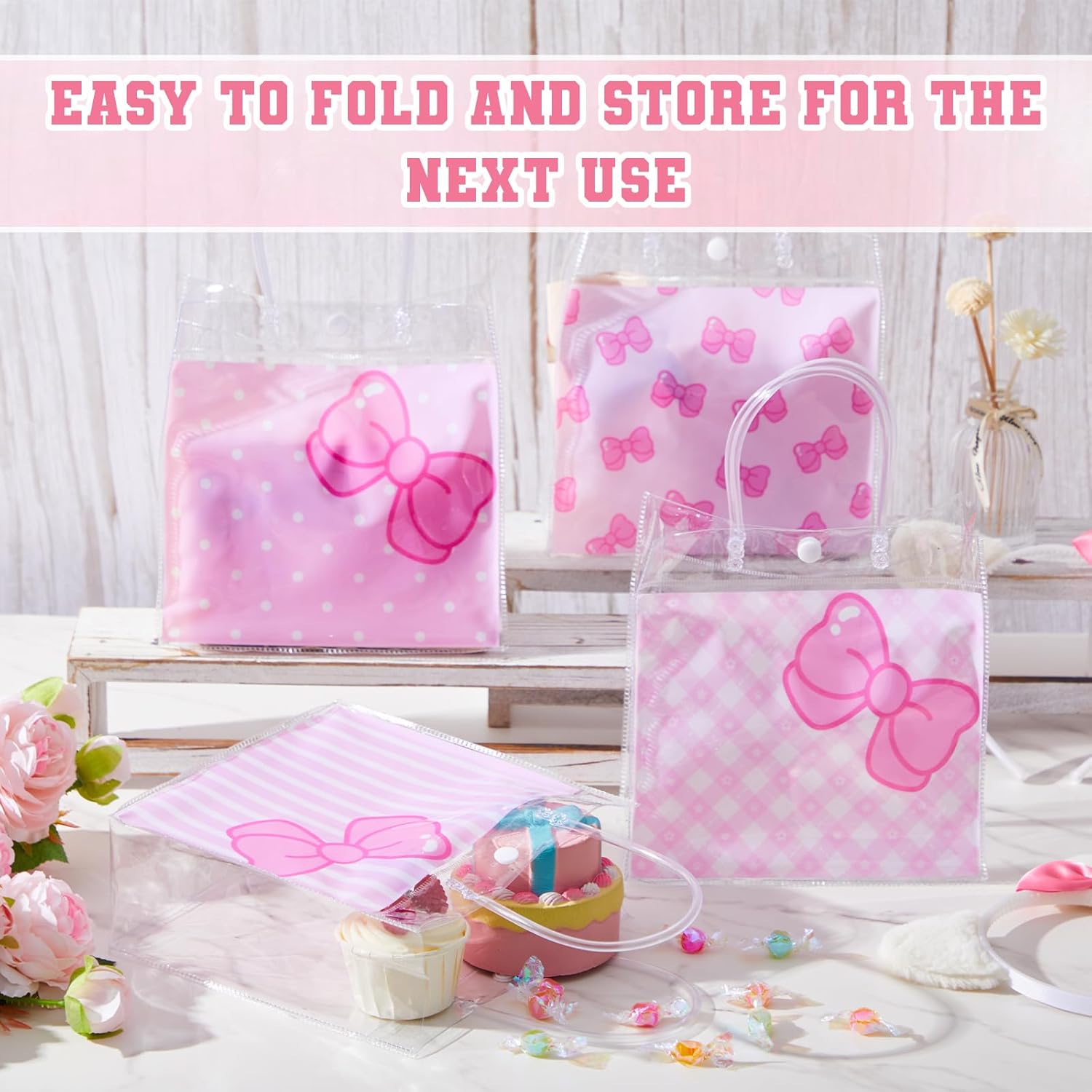 SmoothNovelty 24 Pcs Pink Cat Party Favor Bag Pink Bow Kitty Clear PVC Gift Bags with Handle Cute Kitten Cartoon Reusable Treat Tote for Women Kitty Party Wedding Birthday Baby Shower Supplies