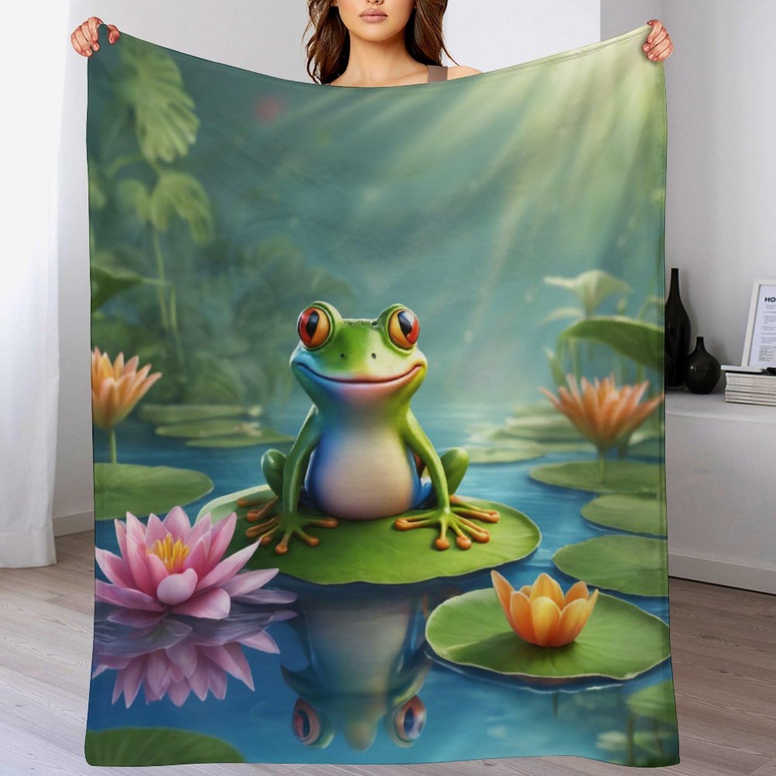 Plaid couette flannel Big Eyed Grenouille - Couverture polaire douce toutes saisons 130×180cm