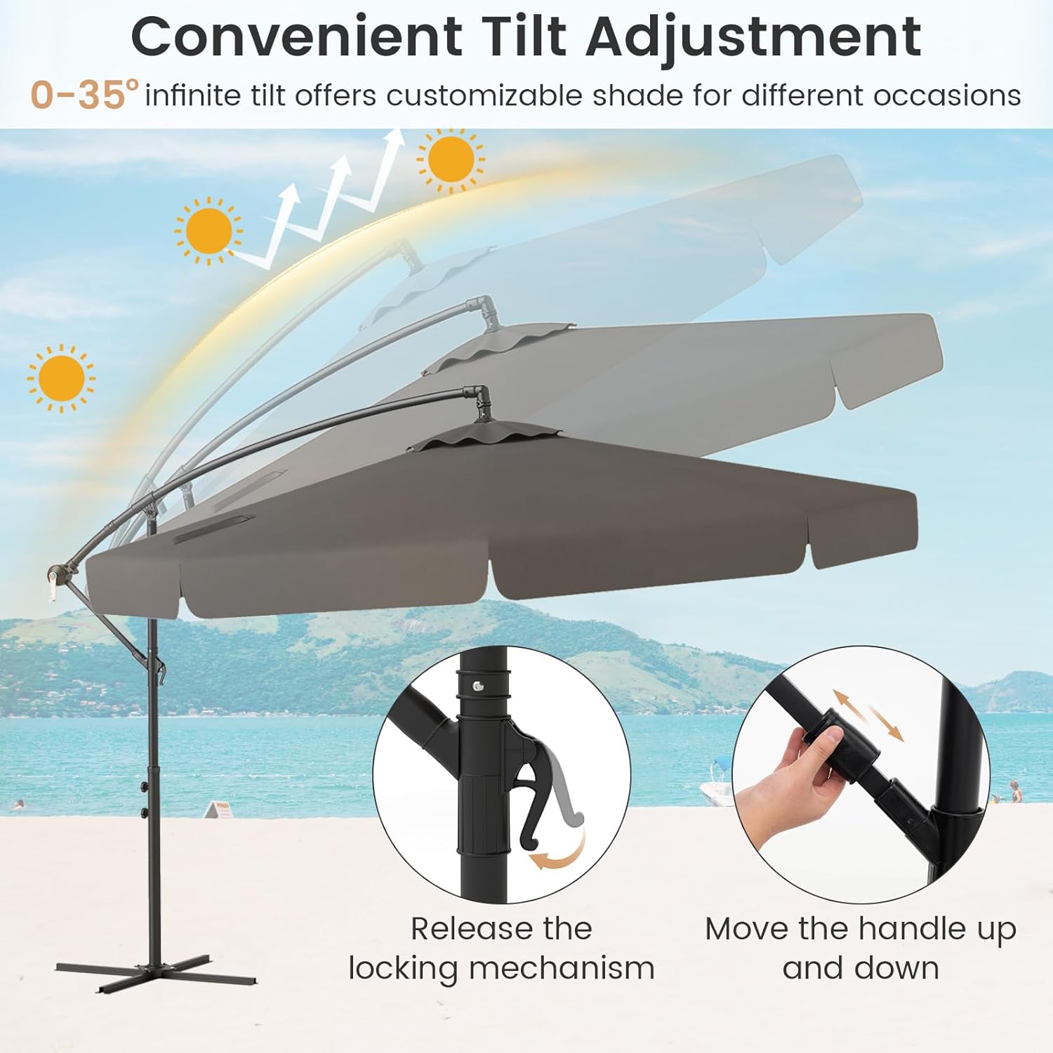 HAPPYGRILL 10FT Offset Hanging Umbrella with Cover, Patio Cantilever Umbrella with Easy Tilt Adjustment, Crank, 8 Ribs, Ruffled Edges, Outdoor Parasol for Poolside Garden