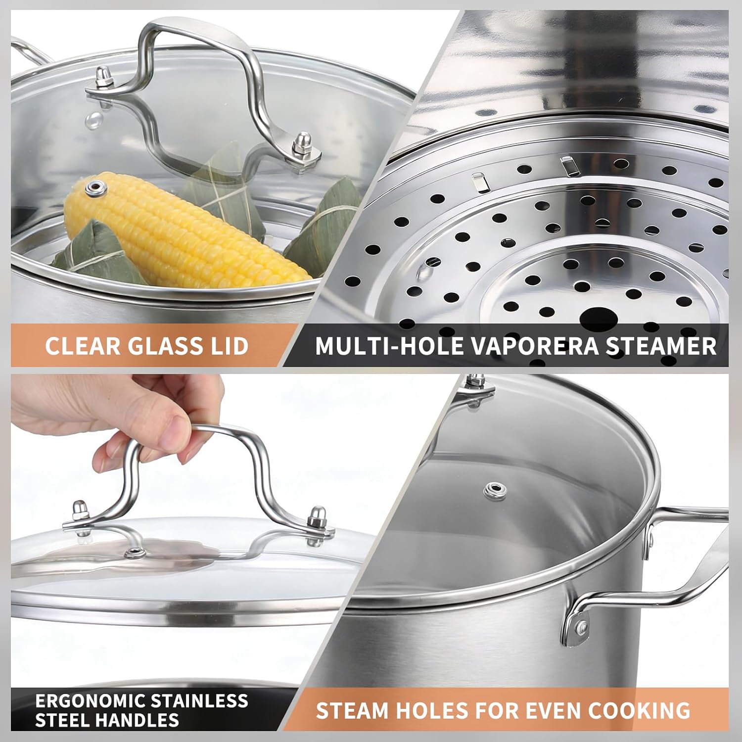 Ollas Para Tamales, 5.5 Quart Stock Pot with Steamer Insert and Glass Lid, Stainless Steel Steamer Pot, with Multi-Hole Vaporera, Large Capacity Cookware for Even Cooking, Ideal for Steaming Tamales