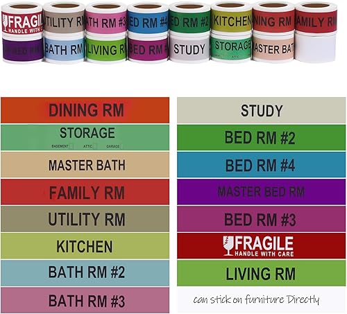 NEWEST 960 etiquetas extraíbles codificadas por colores de 1 x 4.5 pulgadas, 16 rollos de calcomanías de mudanza frágiles para cajas con 4 etiquetas