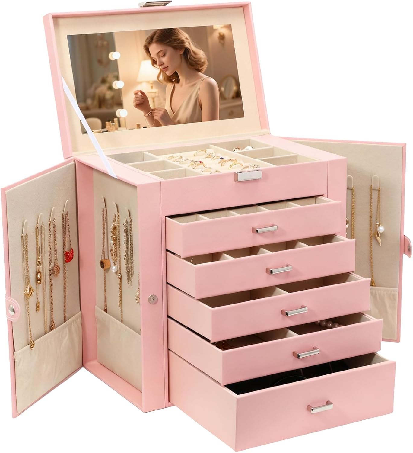 boovo jewelry box for women, 6 layer large jewelry organizer with mirror, multi-function storage box with lock, necklace holder with 5 drawers, for earrings necklace bracelet (silver and pink)