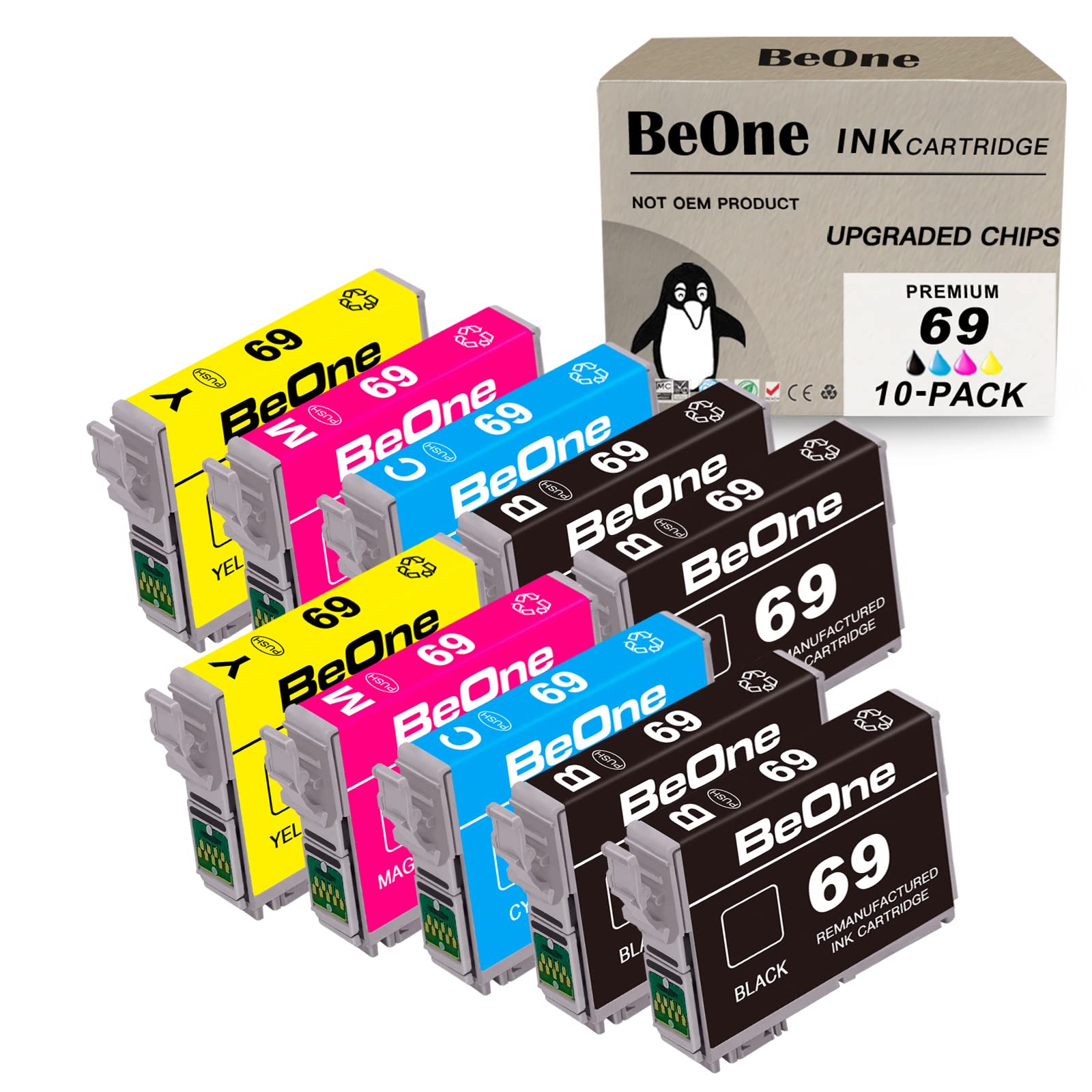 Photo 1 of ***THREE CARTRIDGES ARE BROKEN***BeOne T069 Ink Cartridges Remanufactured Replacement for Epson 69 T069 to Use with Stylus NX100 NX110 NX215 NX300 NX400 NX415 NX510 NX515 Workforce 30 40 310 500 600 610 615 (10-Pack; 4BK, 2C, 2M, 2Y)