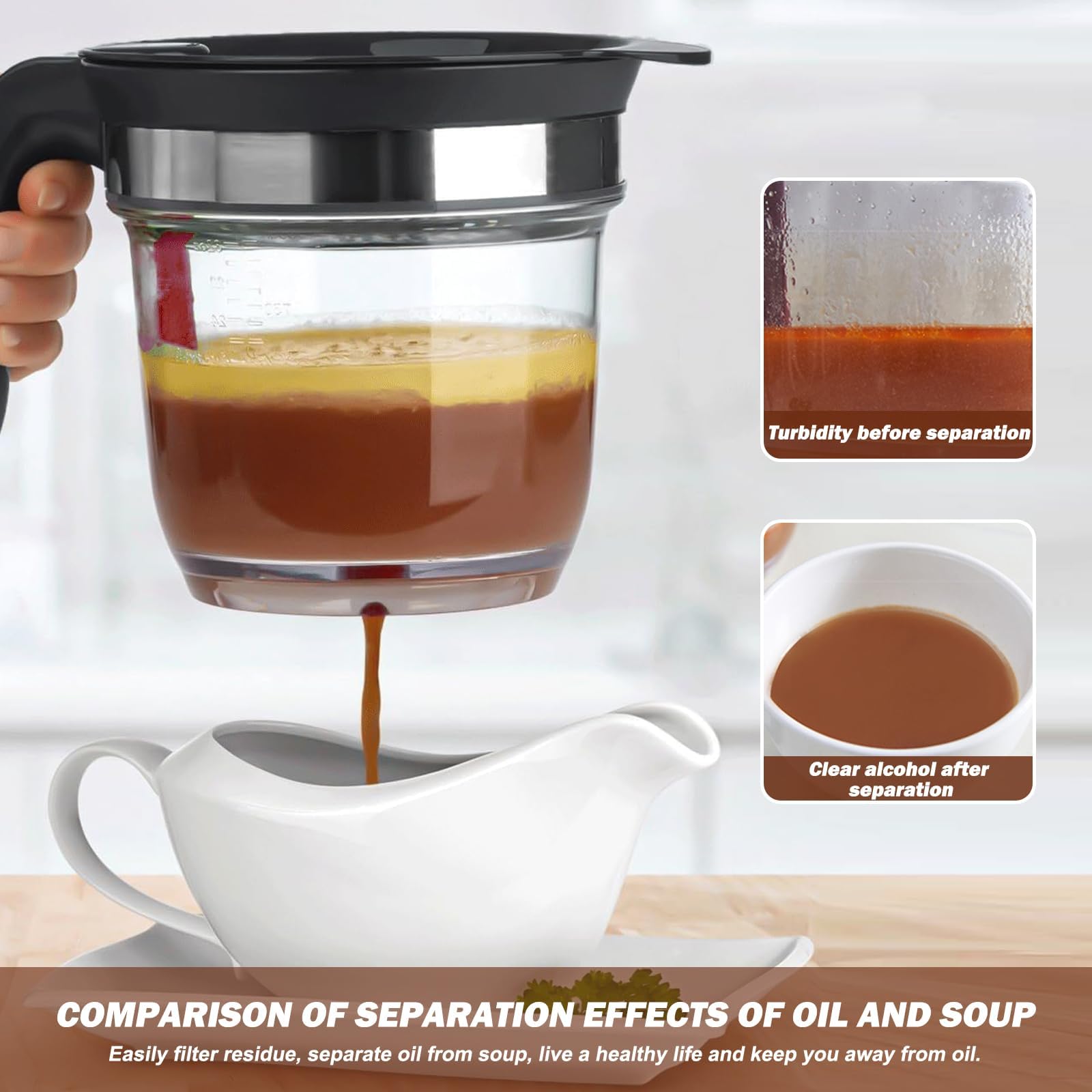Separatore di Grassi 1000 ml con Filtro e Rilascio Inferiore – Separatore di Grasso Cucina per sughi, zuppe e brodi, facile separazione di olio e liquidi, utensile da cucina pratico per casa carne