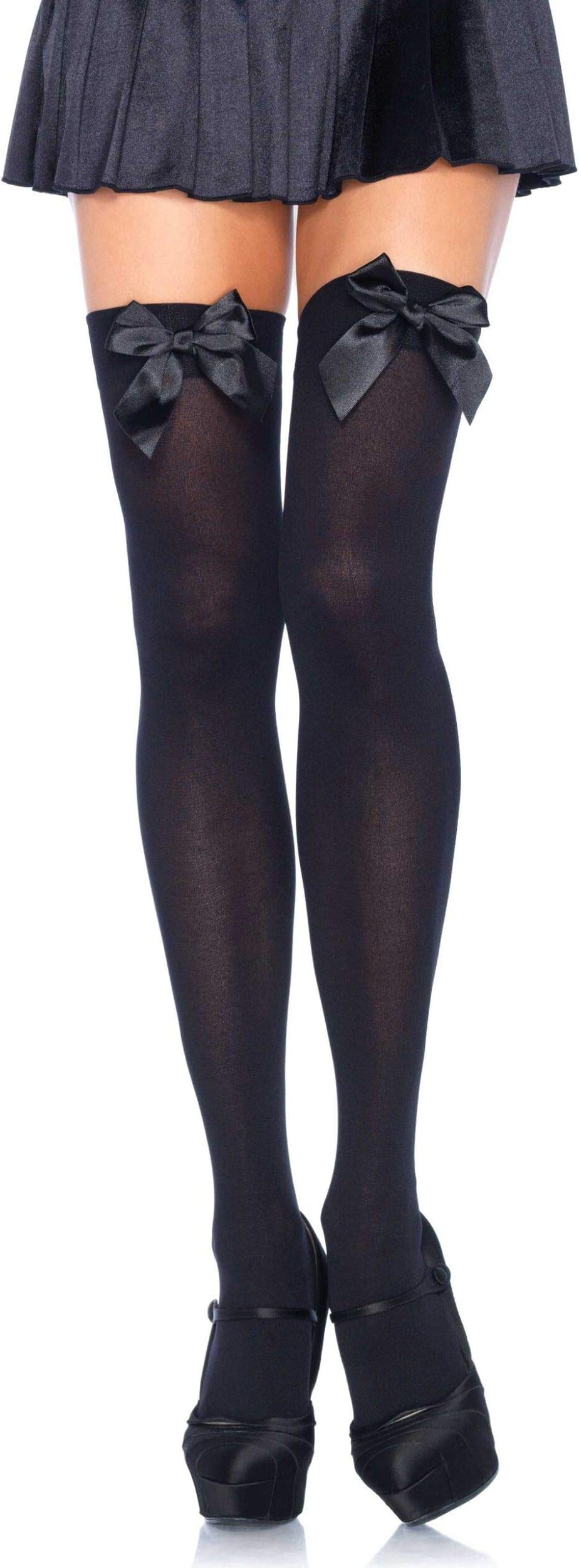 Women's Opaque Thigh High Stockings with Satin Bow,Black