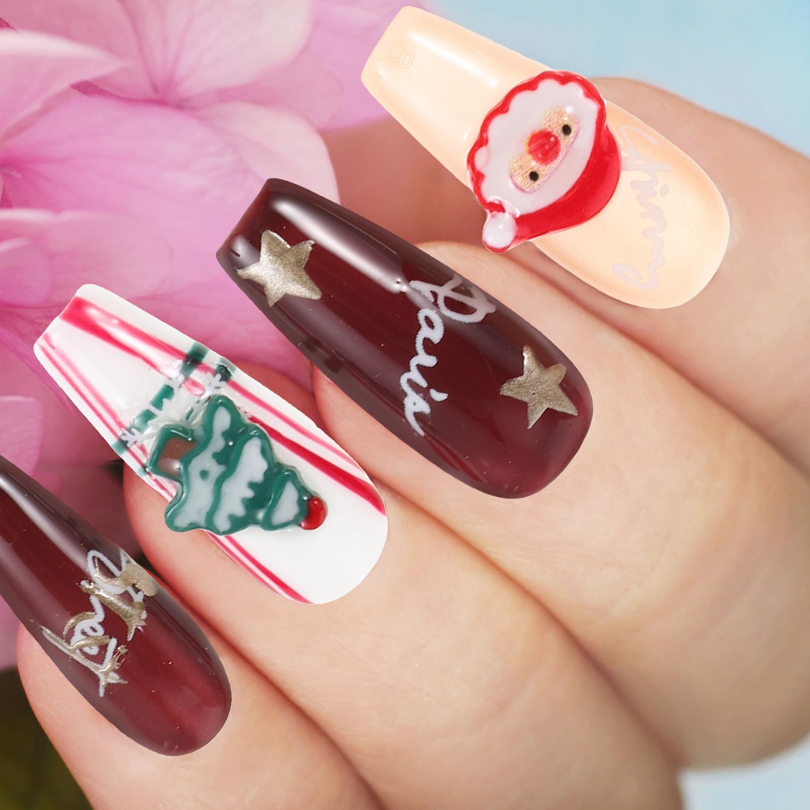 5 Juegos Uñas Postizas Navideñas Largas, Diseño Santa y Árbol, Rojo