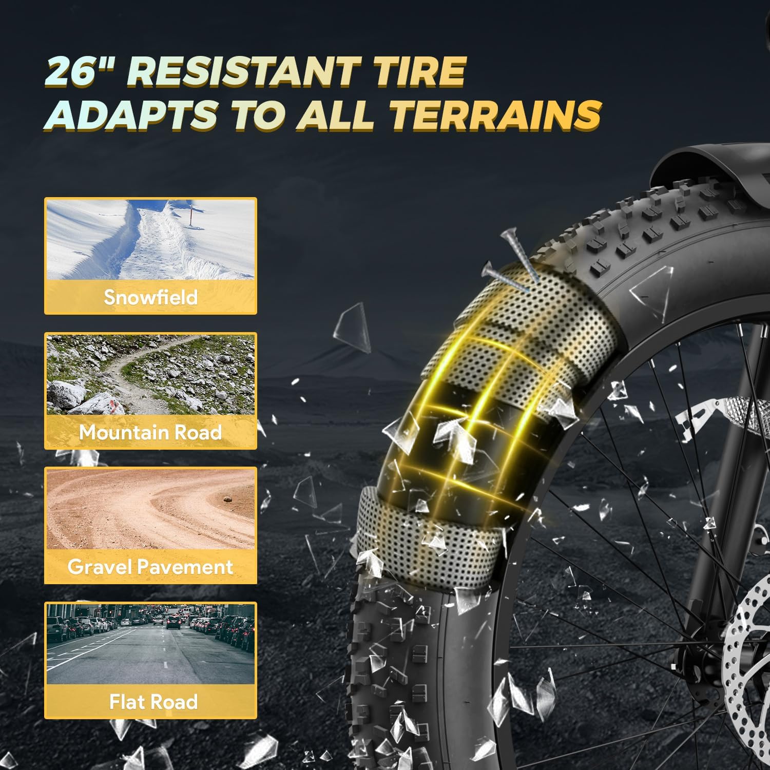 Illustration af Aipas elcykels 26-tommer resistente dæk, der tilpasser sig forskellige terræner som snefnug, bjergveje, grusbelægning og flad vej.