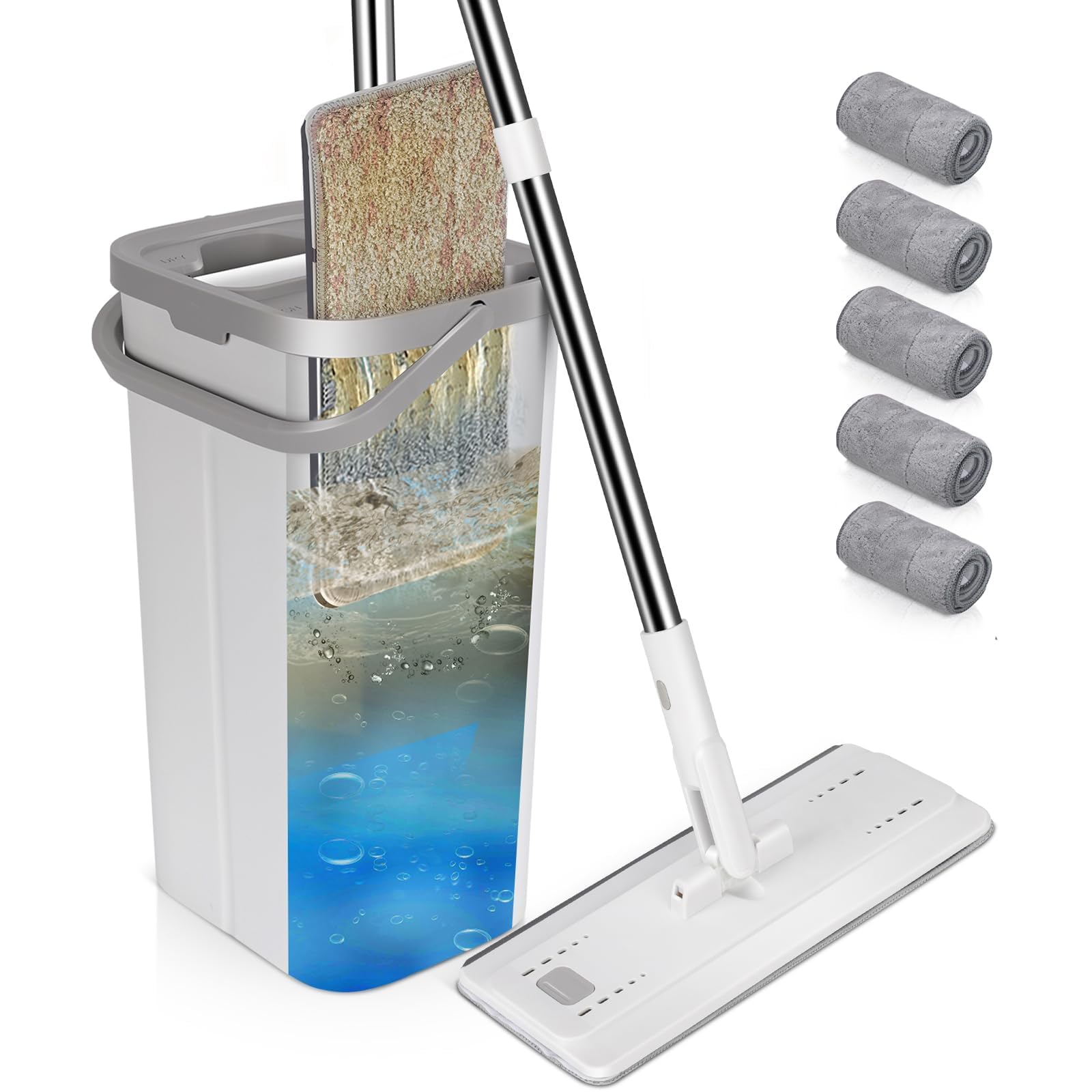 MASTERTOP Mop and Buckets Sets, Hands-Free Microfibre Mops with 5 Reusable Pads, 360° Rotating Flat Mop Bucket with Wet Dry Cleaning System for Hardwood Tile Marble Floors - White