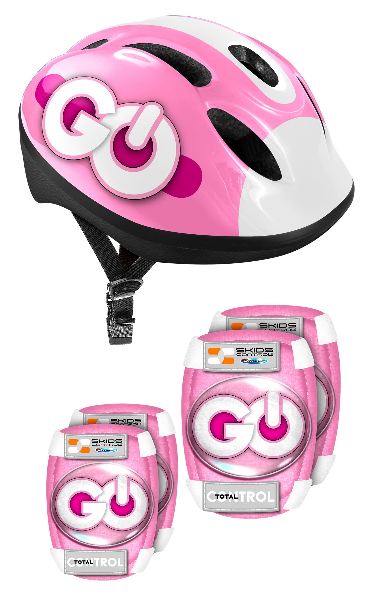 Stamp Combo Rosa Casco + Gomitiere Ginocchiere Skid Control Unisex-Youth, Pink, 50-56 cm