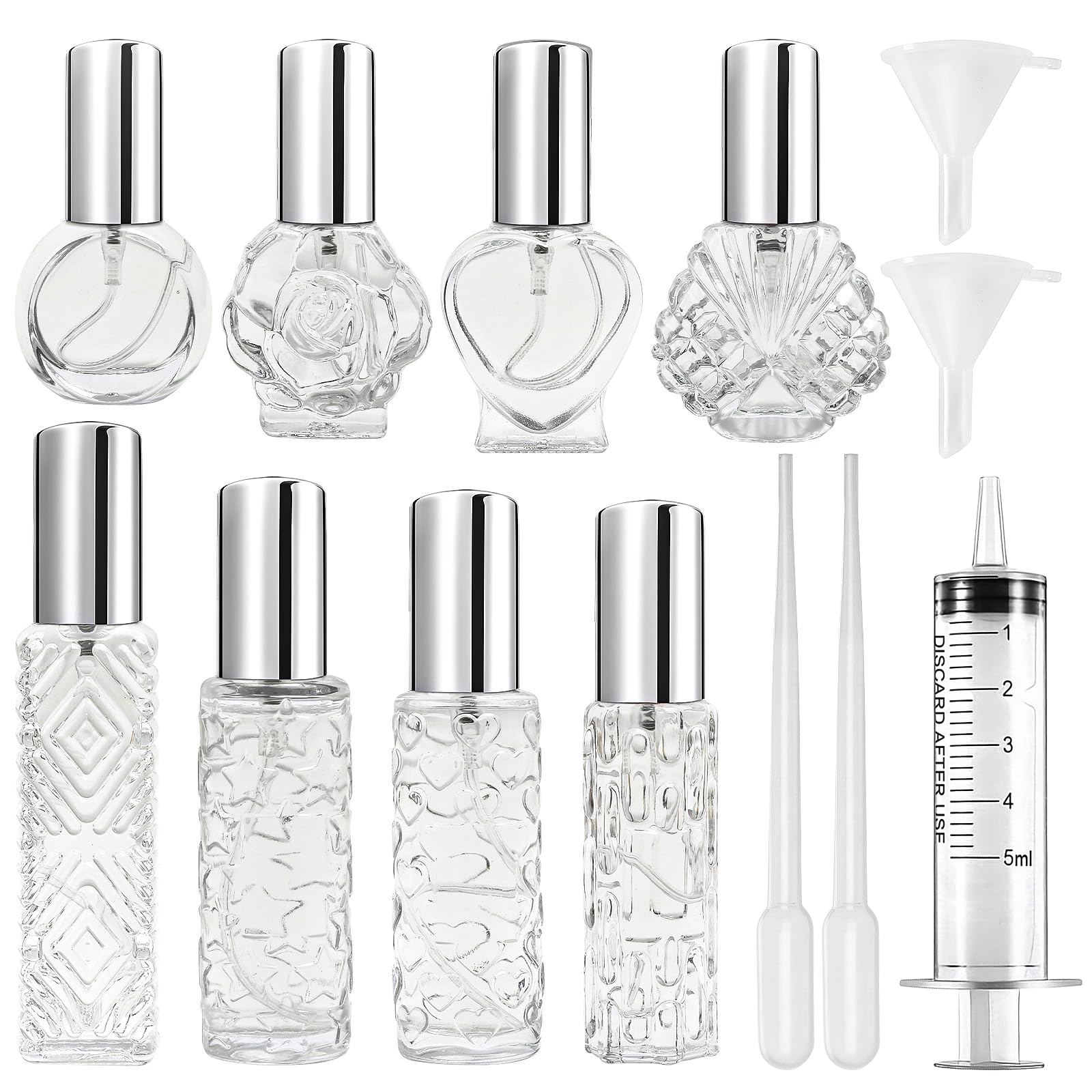 8 sztuk podróżnych pojemników na perfumy wielokrotnego napełniania 8–15 ml, mini pusta butelka z rozpylaczem z 5 akcesoriami, szklany atomizer perfum do torebki, przenośny mini dozownik