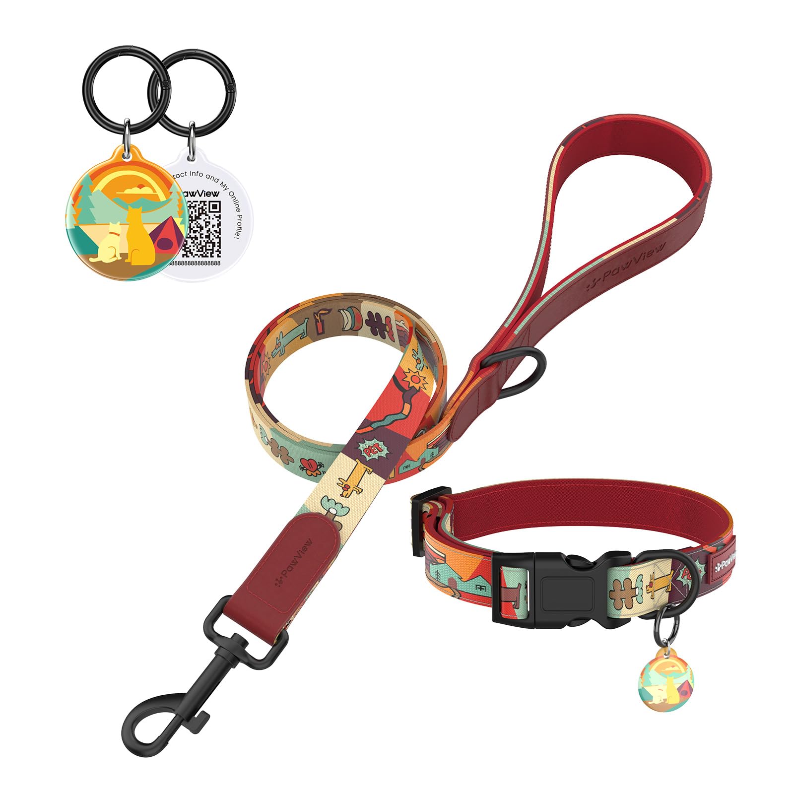 PawView Dog Collar and Leash Set including QR Code Tag, Adjustable Collar for Small Dogs (Neck 22-30cm)