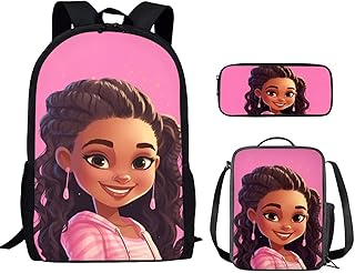 ZOUTAIRONG American Girl Backpack Set with Lunch Box Pencil Case,Teens Afro Girl Primary Elementary School Bags African Black Girls Backpacks Preppy Princess Bookbag Schoolbag