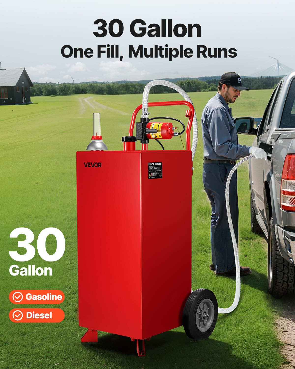 VEVOR Serbatoio Carburante, per Benzina e Gasolio con Pompa Elettrica, Serbatoio Stoccaggio Portatile con 2 Ruote Tubo Flessibile, Contenitore Benzina 136 L, Flusso Massimo 32L Ogni Minuto