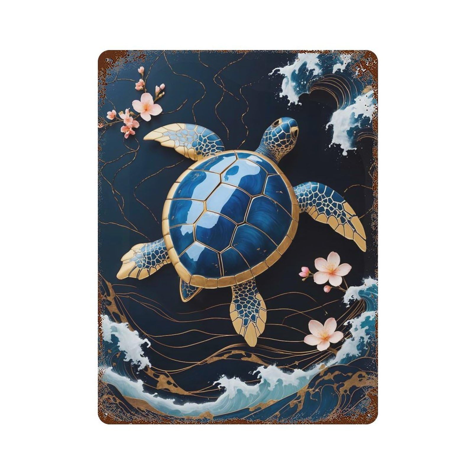 Turtle Gold Kintsugi Art Rustic Tin Plaque 15.7"x11.8", Novelty Wall Decor for Garage, Pub Or Kitchen