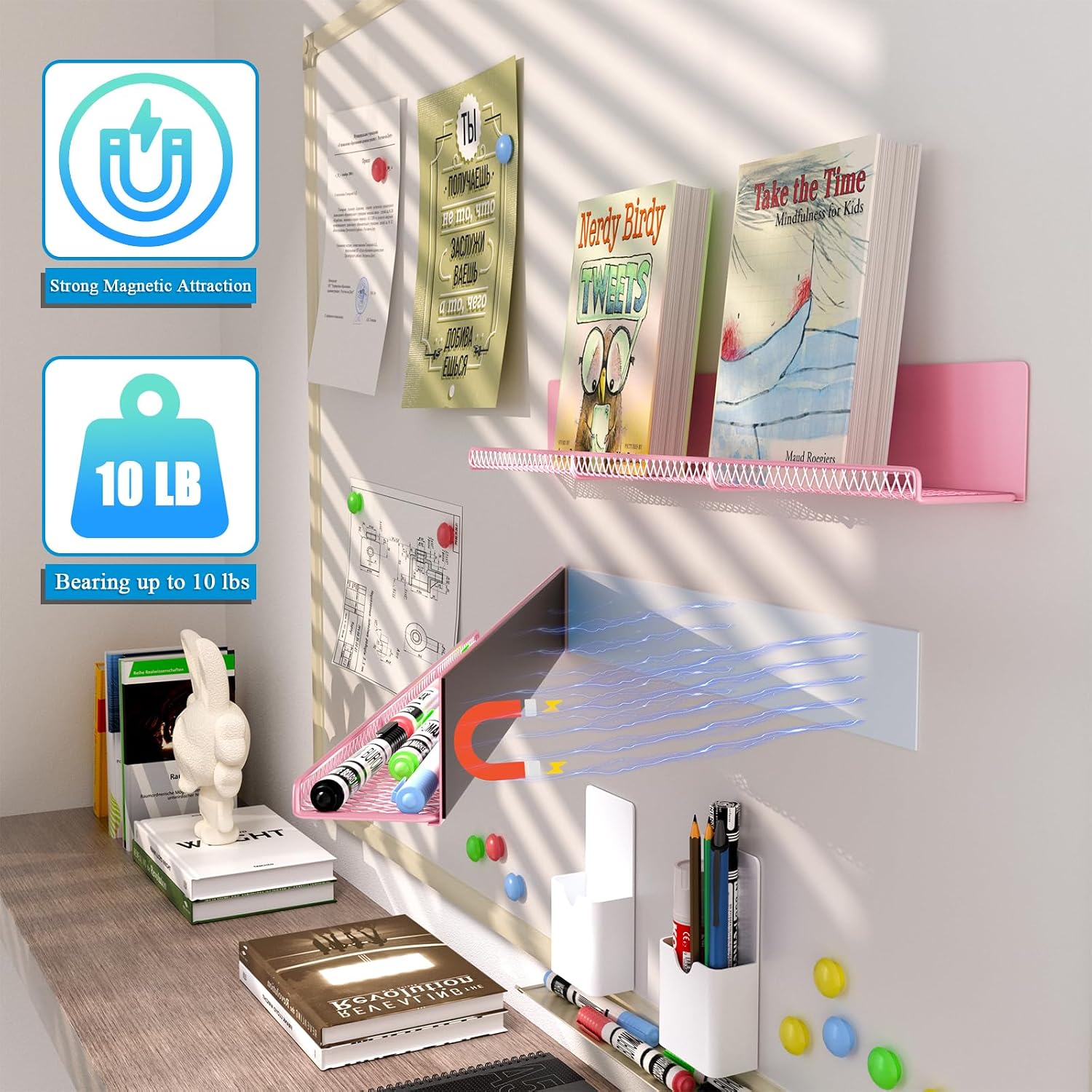DTUQYX Metal Magnetic Book Shelf: 17” Magnetic Bookshelves for Whiteboard 2-Pack with 2 Pen Containers Strong Adsorption, Durable Floating Book Display Shelf, Movable Office File Holder (Pink)