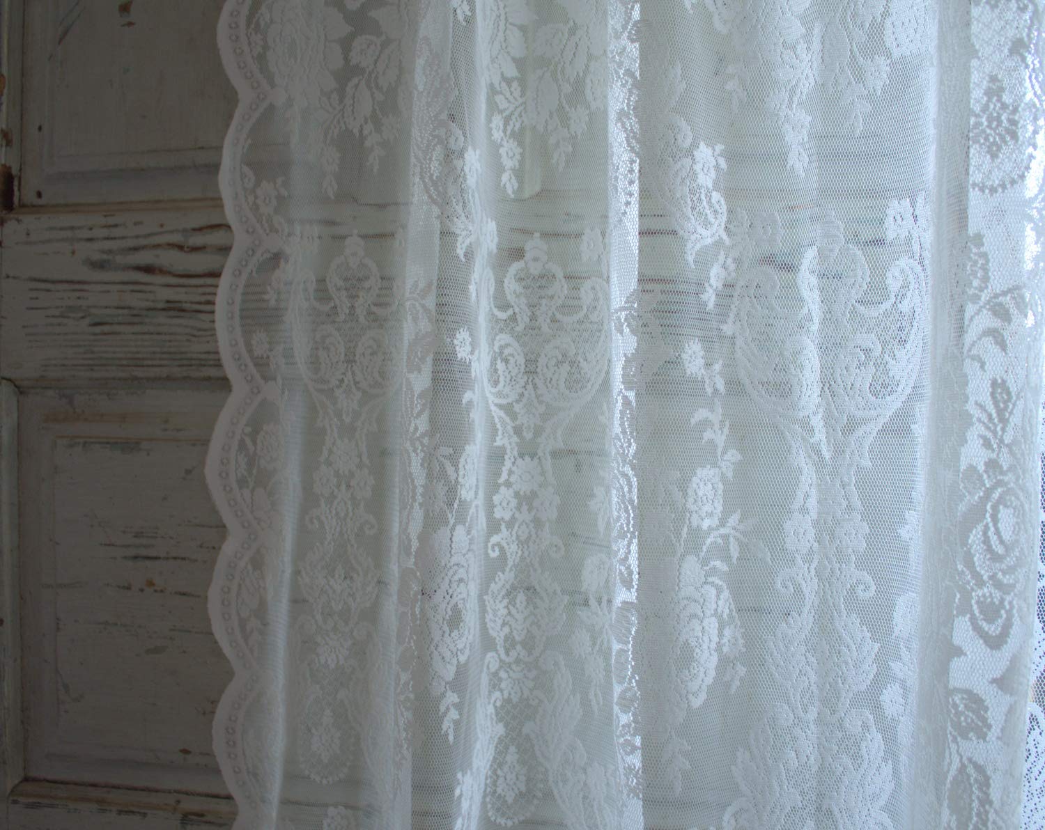 Offwhite Lucia Vorhang Spitzen Gardine Rosen 120x240 cm 2 Stück Gardinenshals Landhaus Shabby Vintag