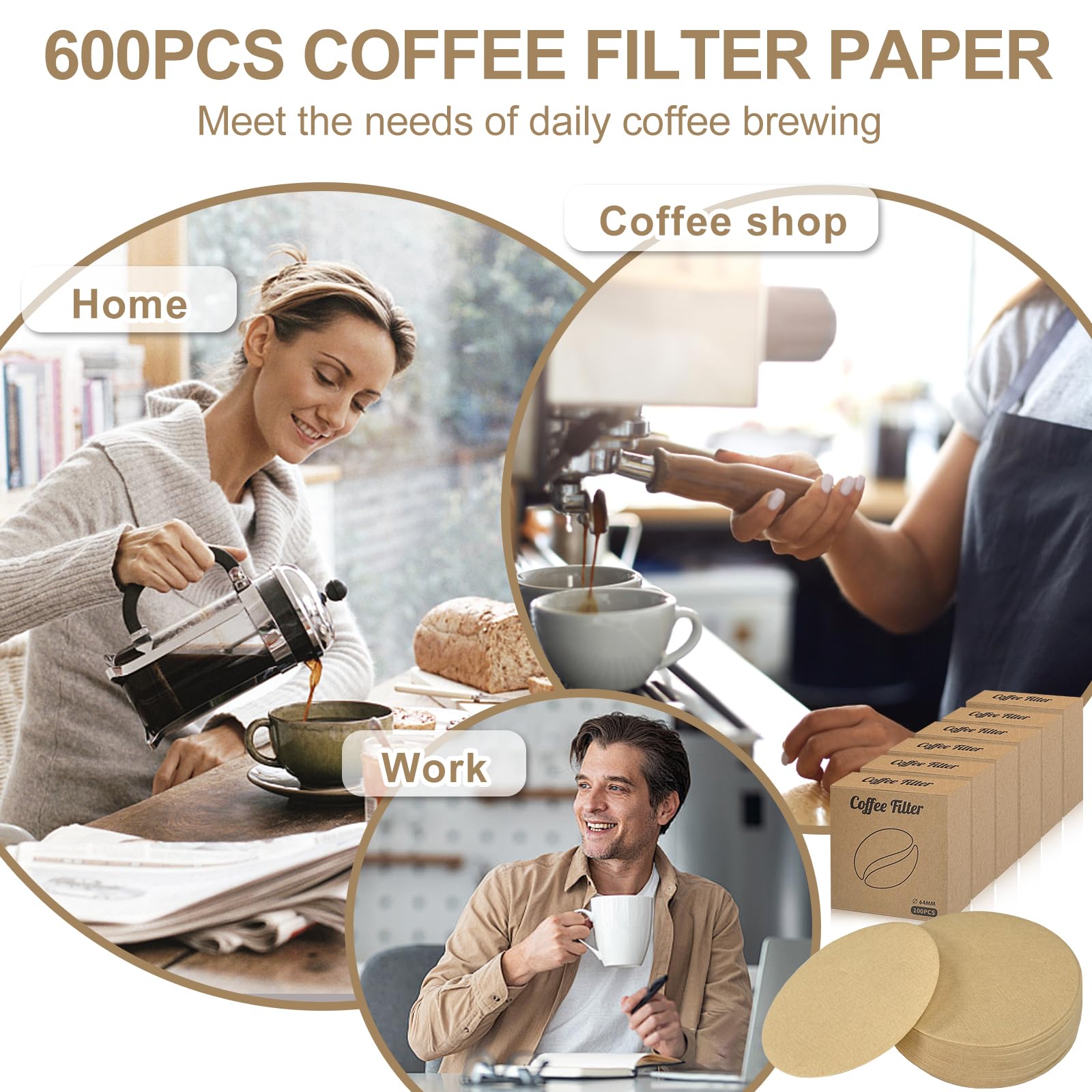 600 Pcs Papel de Filtro de Café 64 mm, Redondos Filtros Desechables, Sin Blanquear Natural, Compatible con Aeropress Cafeteras Espresso